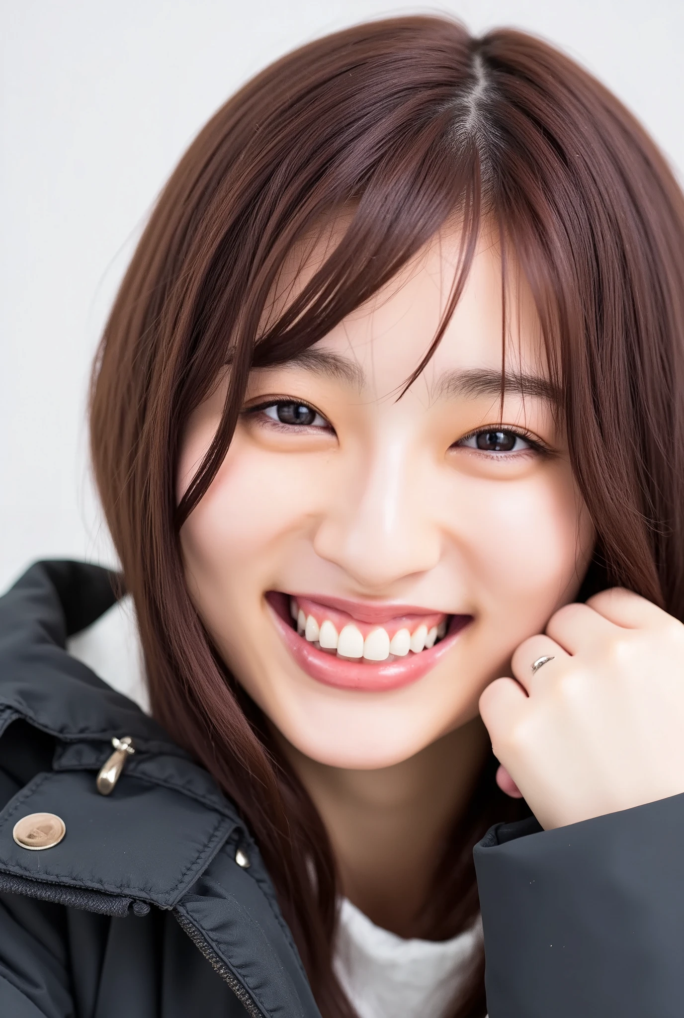  young Japanese woman、Yoshikawa Ai、 black down jacket、 trainer、smile、 beautiful alignment of teeth、 ear piercing、 white background 、 upper body

