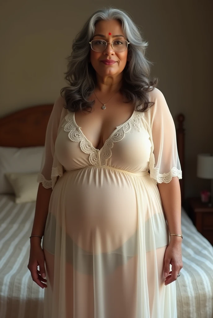 ((best quality)), ((Masterpiece)), (details), old maid, My hair started turning white...., purple eyes, Still beautiful, Youthful look, Age 60, big breasts, No dress on.., seductive pose, pregnant,bathroom, Have a smile,