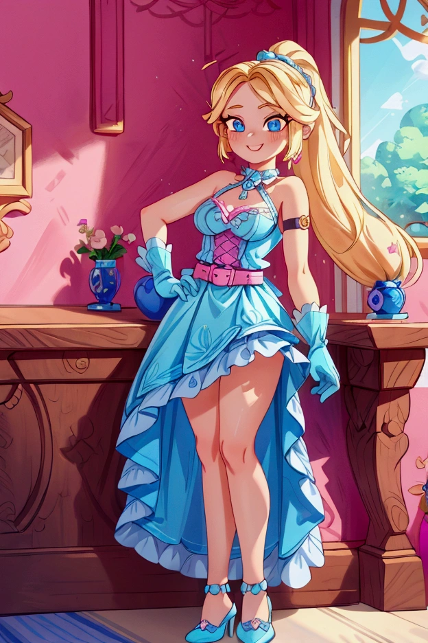 Masterpiece, best quality, 1 girl, 40 years, blonde long hair, ponytail in hair, blue eyes, standing indoors with intricate details and sunlight. Blue frilled dress with short neckline, pink gloves, pink belt, earrings, blue heels. Sexy smiling, sexy pose, coquette, beautiful long legs, mature girl, gorgeous body, pronounced breasts.