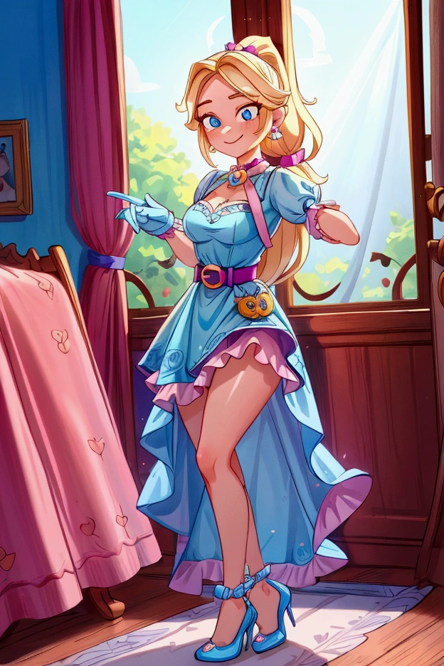 Masterpiece, best quality, 1 girl, 40 years, blonde long hair, ponytail in hair, blue eyes, standing indoors with intricate details and sunlight. Blue frilled dress with short neckline, pink gloves, pink belt, earrings, blue heels. Sexy smiling, sexy pose, coquette, beautiful long legs, mature girl, gorgeous body, pronounced breasts.