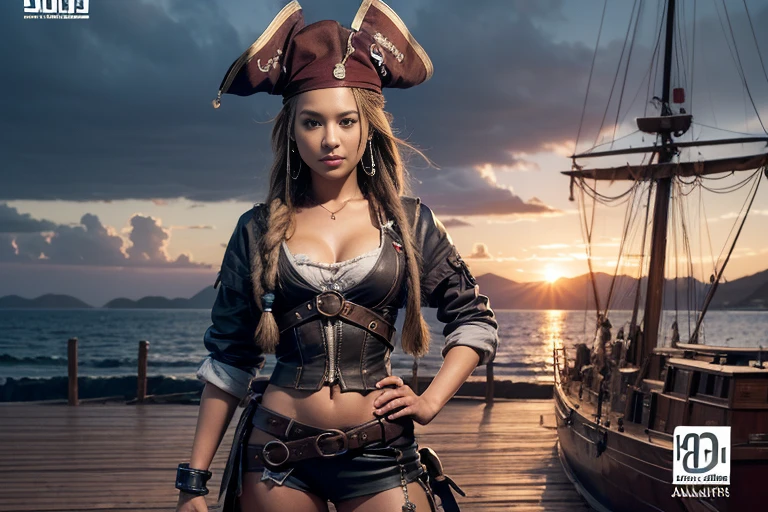 ((( magazine cover ))), ((( poster art))) , ( High Definition CG Unity 8K Wallpaper ,  top quality,  super detailed,  camera :1.2,  light shines on the face:1.5,  gray background ,  Professional Writing ),  a perfectly beautiful 20-year-old Japanese female pirate, (((Pirate Costume))), Sharp Eye, ((( magazine cover ))), ((( poster art))) ,  the deck of an old sailboat pirate ship .The background is a desolate ocean , (The world of Mad Max), ( standing with her hands on her hips ), (( dreadlocks)),