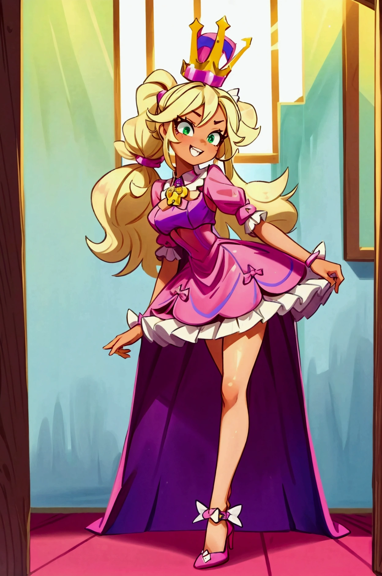 (Masterpiece, best quality) Mandy brawl stars, 1 girl, standing indoors with intricate details and sunlight, magenta and white frilled dress with short neckline, purple high heel shoes, crown in head, blonde medium long  hair, two ponytails, green eyes, blue, dark brown skin, sexy smile, bad girl, confidense attitude, teeth showing, sexy pose, coquette, beautiful long legs, mature teen girl, gorgeous body, pronounced breasts.