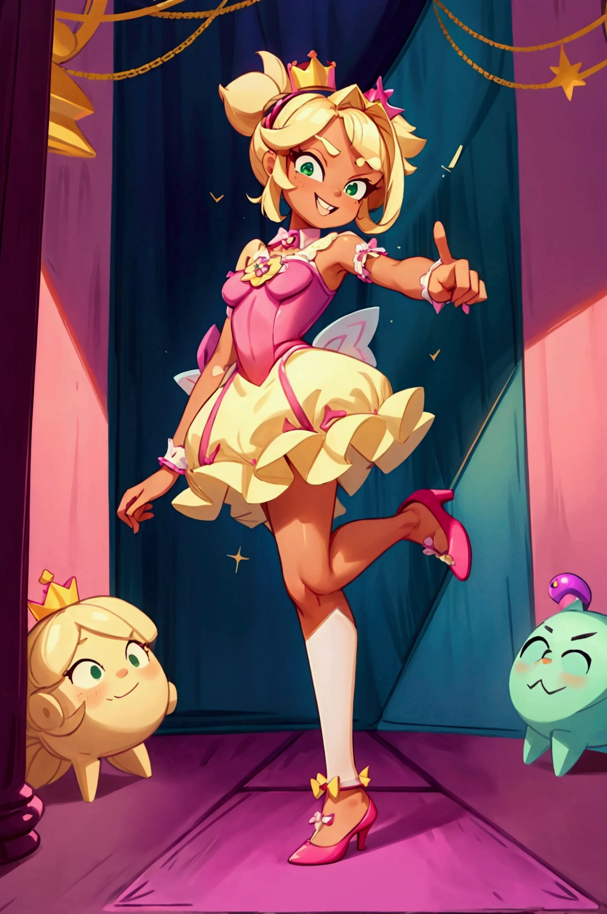 (Masterpiece, best quality) Mandy brawl stars, 1 girl, standing indoors with intricate details and sunlight, magenta and white frilled dress with short neckline, purple high heel shoes, crown in head, blonde medium long  hair, two ponytails, green eyes, blue, dark brown skin, sexy smile, bad girl, confidense attitude, teeth showing, sexy pose, coquette, beautiful long legs, mature teen girl, gorgeous body, pronounced breasts.