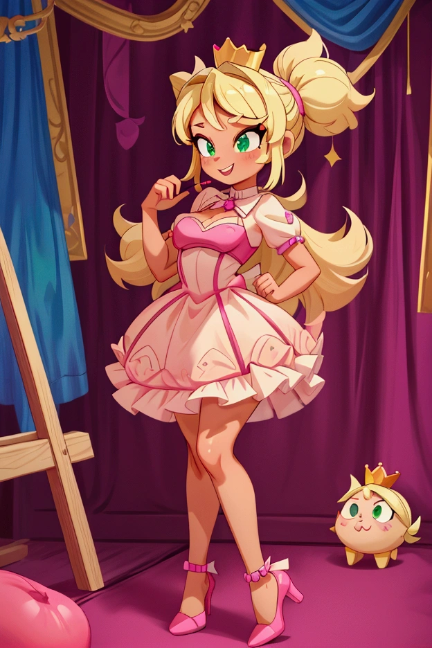 (Masterpiece, best quality) Mandy brawl stars, 1 girl, standing indoors with intricate details and sunlight, magenta and white frilled dress with short neckline, purple high heel shoes, crown in head, blonde medium long  hair, two ponytails, green eyes, blue, dark brown skin, sexy smile, bad girl, confidense attitude, teeth showing, sexy pose, coquette, beautiful long legs, mature teen girl, gorgeous body, pronounced breasts.