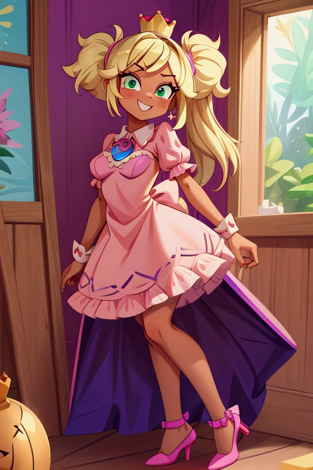 (Masterpiece, best quality) Mandy brawl stars, 1 girl, standing indoors with intricate details and sunlight, magenta and white frilled dress with short neckline, purple high heel shoes, crown in head, blonde medium long  hair, two ponytails, green eyes, blue, dark brown skin, sexy smile, bad girl, confidense attitude, teeth showing, sexy pose, coquette, beautiful long legs, mature teen girl, gorgeous body, pronounced breasts.