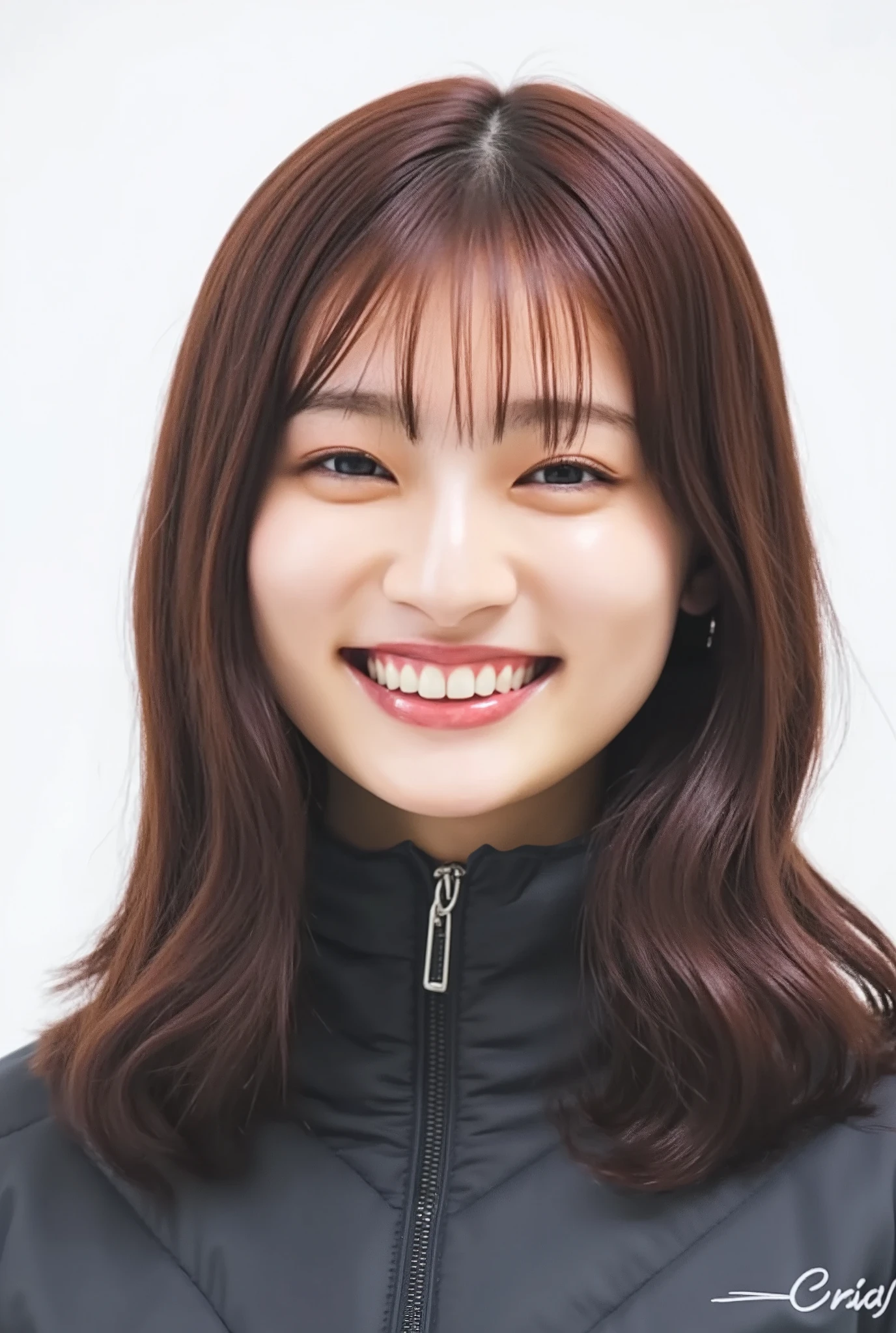 young Japanese woman、Yoshikawa Ai、 black down jacket、 trainer、smile、 beautiful alignment of teeth、 ear piercing、 white background 、 upper body
