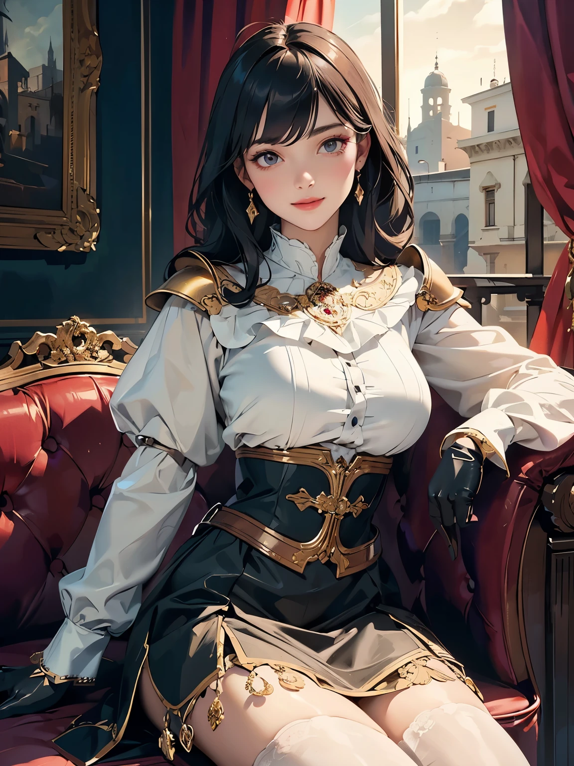 Top quality, 8K, masterpiece, ultra-detailed, ((looking at viewer)), ((smiling intimately)), black leather gloves, a refined and trained female knight wearing white elegant blouse with European metal plate armor on abdomen, well-proportioned body shape. sitting on single couch in high floor audience room of princess palace, (looking at viewer), light-pink lips, natural eyelid, wearing dark-red traditional flared skirt on black pantyhose on healthy thighs, a highly detailed and intricate oil painting of an old Italian princess interior, elegant renaissance style architecture, antique furniture, luxurious ornate decor, ornate golden frames, ornate chandeliers, warm lighting, rich colors, dramatic shadows, photorealistic, 8k, best quality, masterpiece, beautiful illustration for light novels, high resolution, medium saturation, dark shadow, remote old Italian city view from window, cowboy shot, upper body