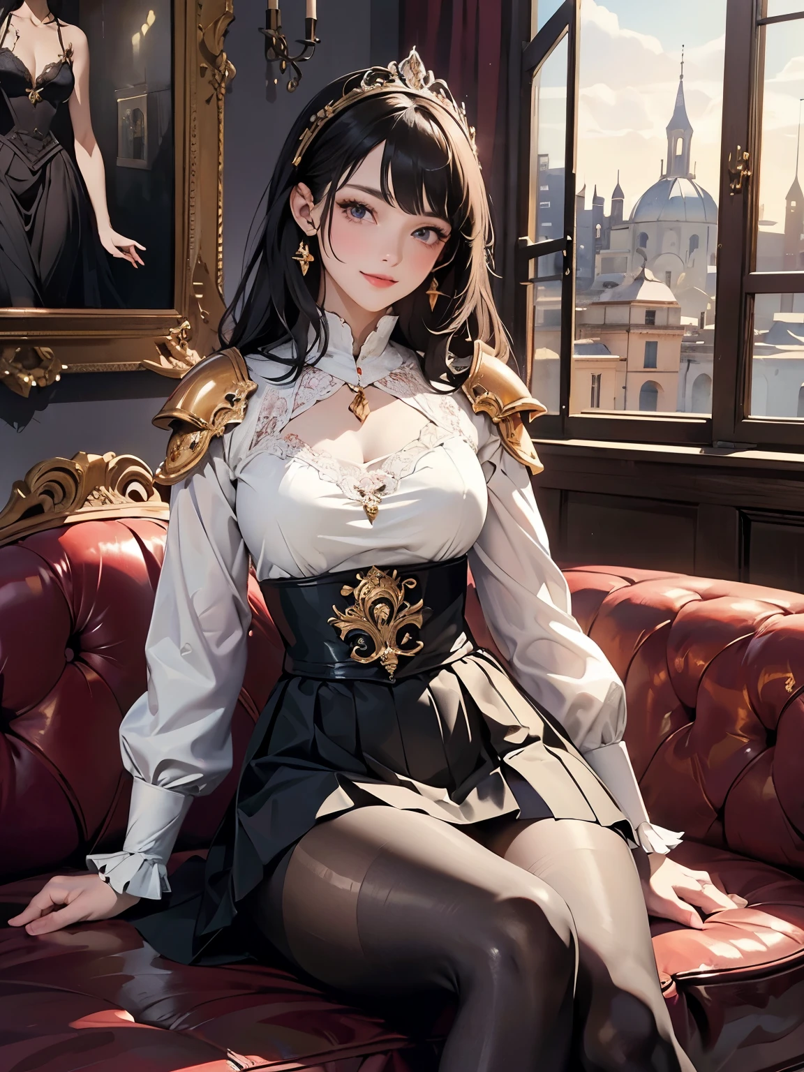 Top quality, 8K, masterpiece, ultra-detailed, ((looking at viewer)), ((smiling friendly)), a refined and trained female knight wearing white elegant blouse with European metal plate armor on abdomen, well-proportioned body shape. sitting on single couch in high floor audience room of princess palace, looking at viewer, light-pink lips, natural eyelid, wearing dark-red traditional flared skirt on black pantyhose on healthy thighs, a highly detailed and intricate oil painting of an old Italian princess interior, elegant renaissance style architecture, antique furniture, luxurious ornate decor, ornate golden frames, ornate chandeliers, warm lighting, rich colors, dramatic shadows, photorealistic, 8k, best quality, masterpiece, beautiful illustration for light novels, high resolution, medium saturation, dark shadow, remote old Italian city view from window, cowboy shot, upper body