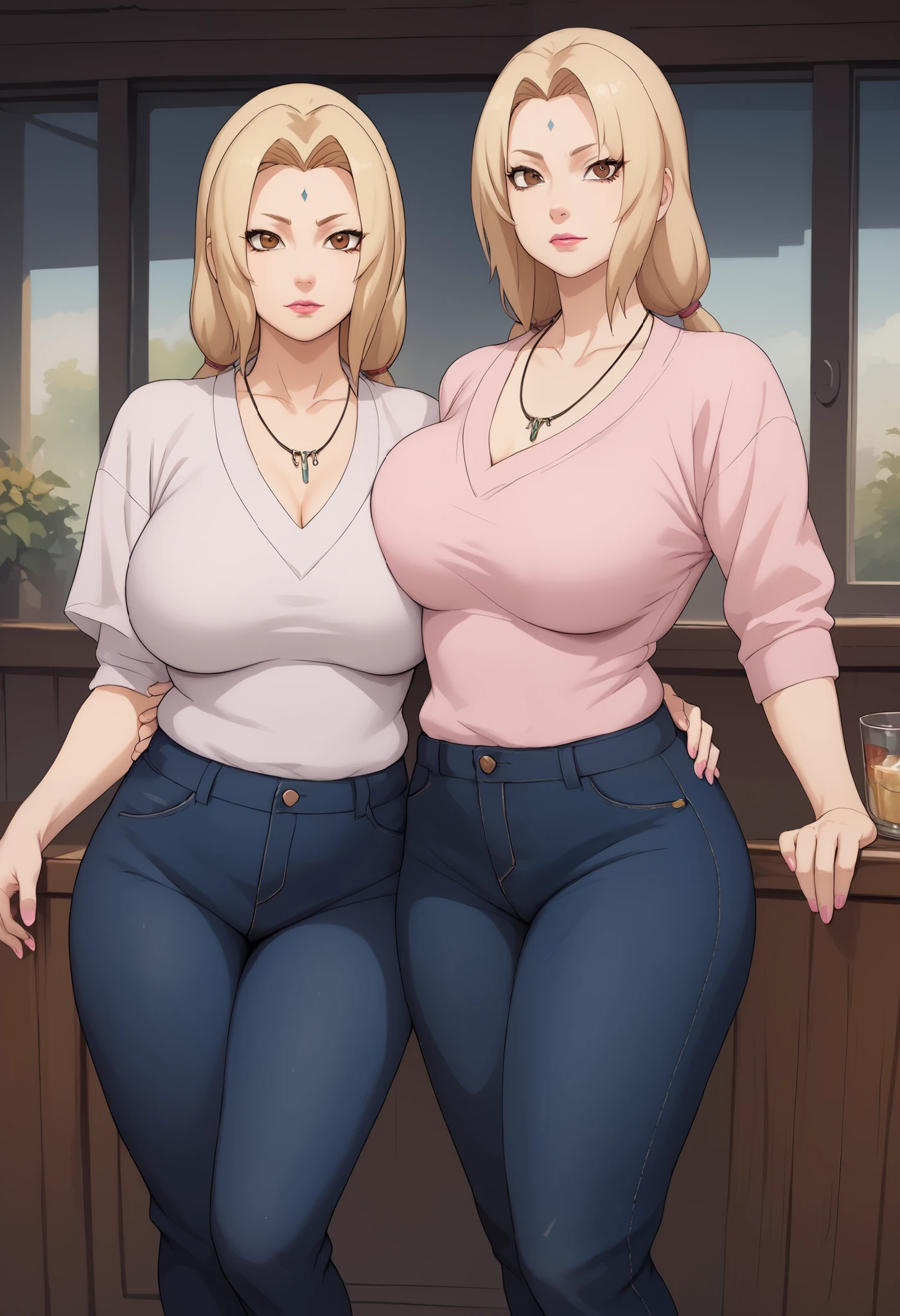 Tsunade Senju. Grandmother. long, blond hair tied in two ponytails. brown eyes.  pink lipstick. huge saggy breasts. bbw. necklace. jeans. Shirts. caffe. 