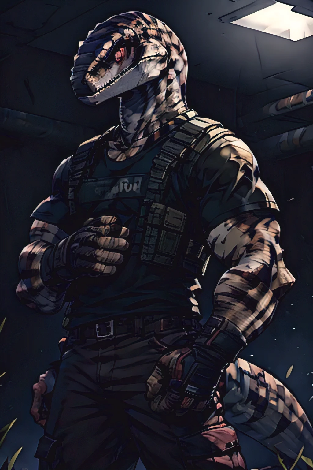 Boy, solo, white raptor, white body, young face, red eyes, raptor tail, raptor fangs, black t-shirt, tactical vest, tactical gloves, cool pose, tactical pants, apocalypse background