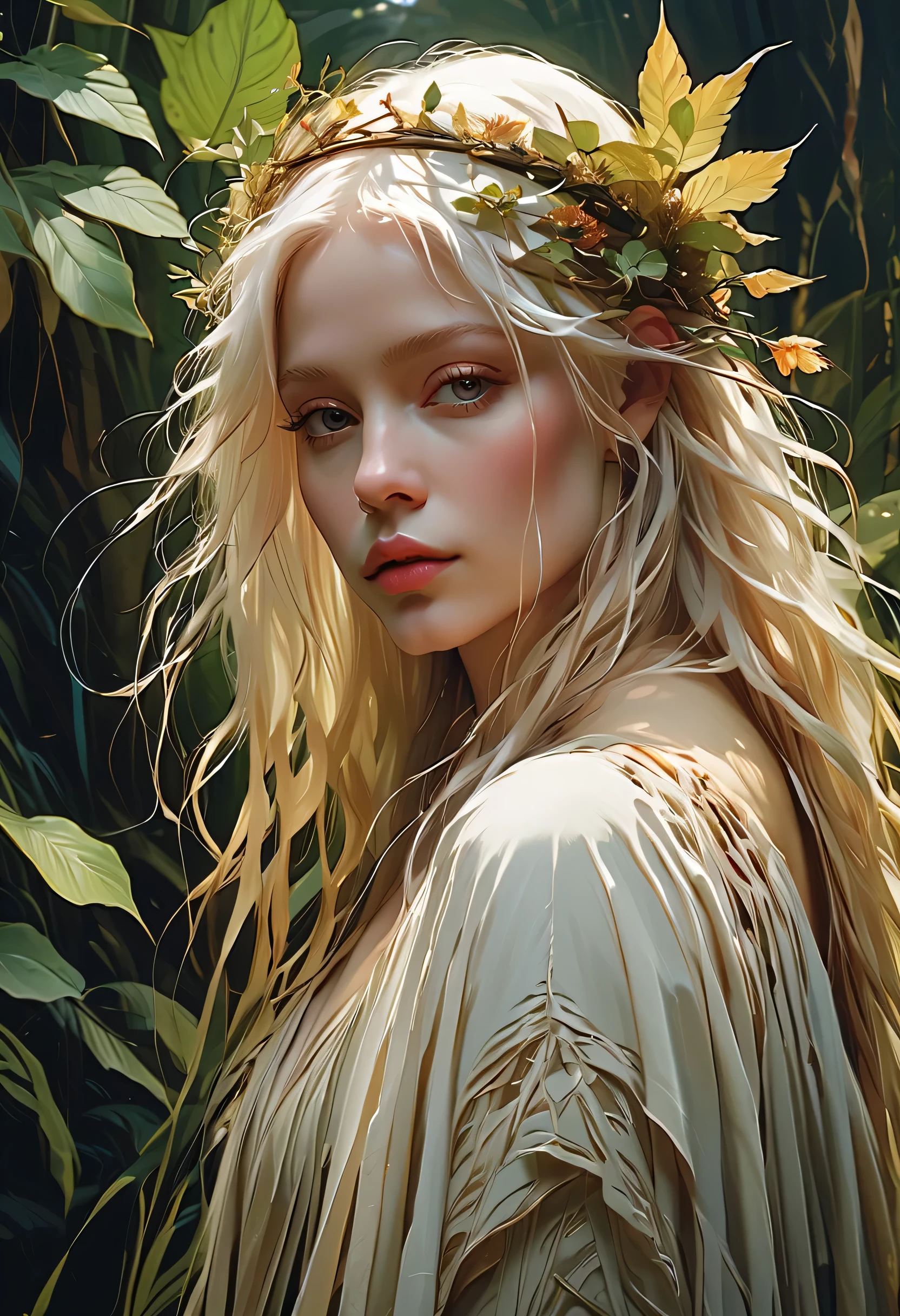 (best quality,4k,8k,highres,masterpiece:1.2), ultra-detailed, delicate albino, looking at camera, calm expression, bright color, From Brian Froud and Carne Griffiths and Wadim Kashin and John William Waterhouse, 8K post-production, high resolution, hyperdetailed, depth of field, HDR, intricate