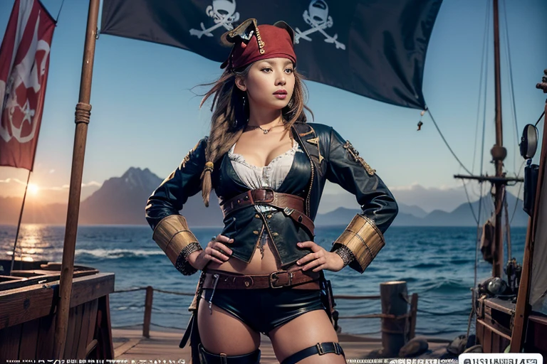 (masterpiece: 1.3), (8k, Realistic, RAW Photos, Highest quality: 1.4), A beautiful 20 year old Japanese female pirate, (Random Hairstyles: 1.2), Ultra Detail Face, Eye on the details, double eyelid, Sharp focus: 1.2, Beautiful woman: 1.4, Light brown hair, Highest quality, masterpiece, Ultra-high resolution, (Realistic: 1.4), Ahegao, Shining Sweat, Camel Toe。Shining Sweat, thin, Serious expression, Camel Toe。((Pirate Costume))、On an old pirate ship、The background is the sea, Slim legs, Slim thighs, Cowboy Shot, Shot with Hasselblad, Cinematic lighting, Perfect beauty,
