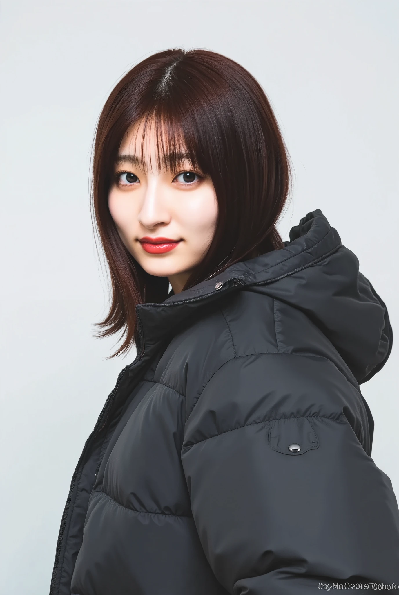 young Japanese woman、Yoshikawa Ai、 ear piercing、黒髪 black down jacket、 trainer、smile、 beautiful alignment of teeth、 ear piercing、 white background 、 upper body
