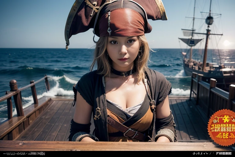 dramatic lighting, highest quality, Cinematic film still, (attractive Anne Bonny, wearing dirty tattered pirate attire, standing on the deck of pirate ship docked at Caribbean port), grimy, dark atmosphere, toned body, (ripped clothing:0.8), perfect face, looking at viewer, (detailed skin), [tattoos], [freckles], ((dirty)), (muddy), (storm clouds:0.7), (stormy weather:0.5), dull, natural lighting, (direct light:0.4), 8mm film grain, photographed on a Sony a9 II, 24mm lens, F/2.8 aperture, deep focus, (RAW), 8k, (still from The Lost Pirate Kingdom)