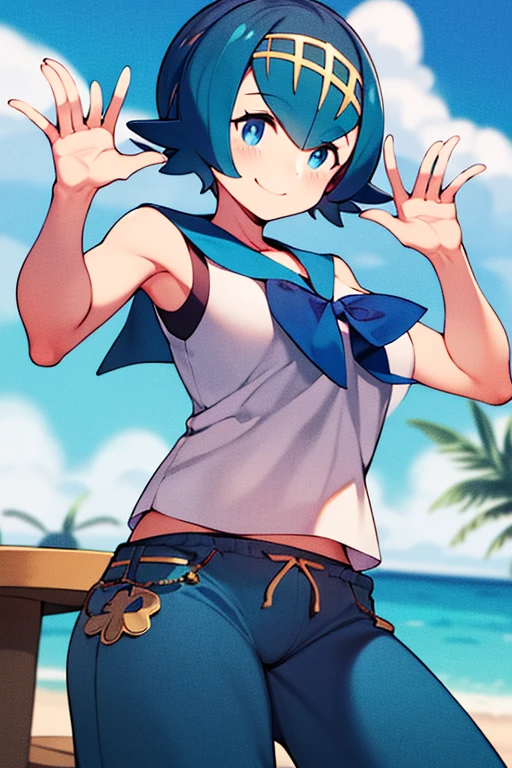 ((  masterpiece  , top quality)),  absurd,
work_ Pokemon,  sailor collar,  sleeveless shirt,  blue pants ,
Alone, smile,Covered breasts , watching viewers,  cowboy shot,
Tropical Background,  Movie-like Composition ,  dynamic poses ,