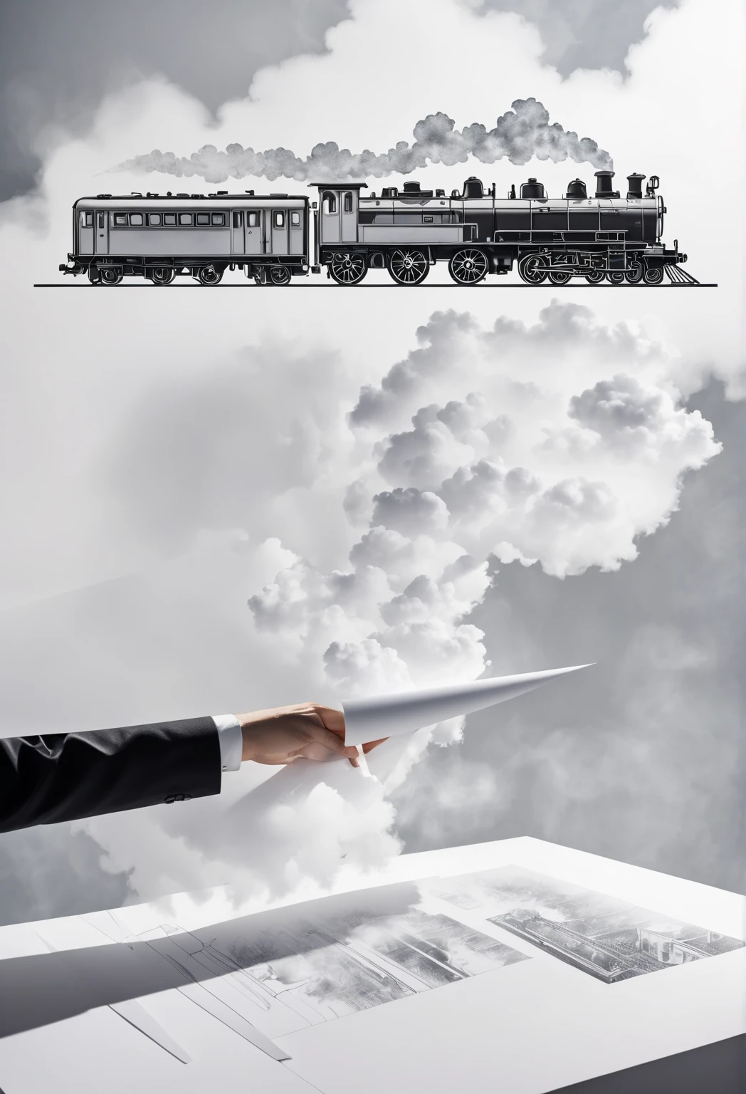  double exposure ,  fusion of two-dimensional and three-dimensional ,  a 's hand draws a train on a white sheet of paper ,on the table.  smoke is coming from the train pipe on a sheet of paper .bottom side view.Surrealism.Minimalism.drawing at an angle 