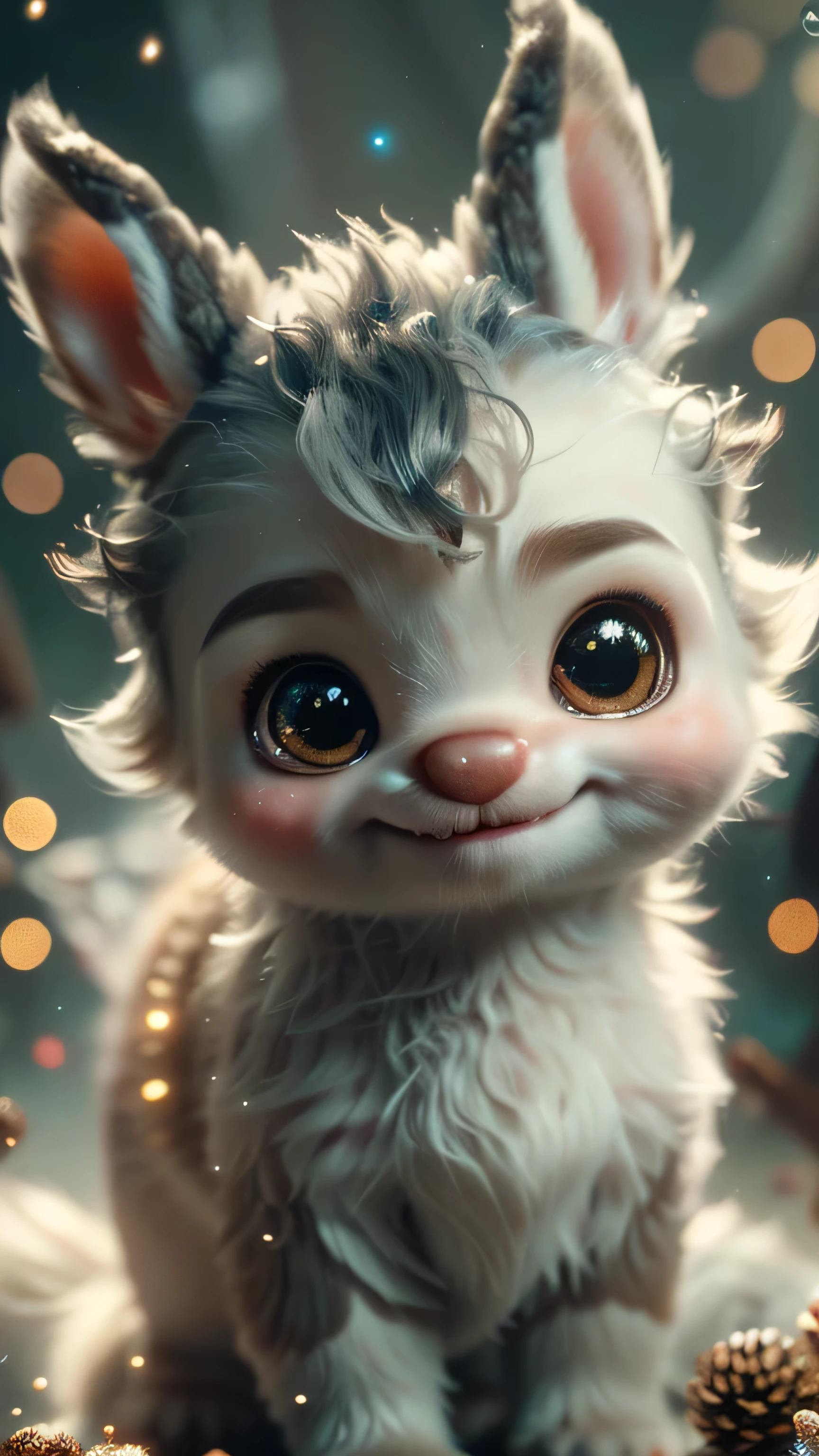 Magical Fantasy Creature, (Best Quality, Masterpiece, Representative Work, Official Art, Professional, Super Detailed, 8k:1.3), (Photorealism:1.2) Super Cute, Big Eyes, Soft, Soft Nose, Fluffy, Double-Toothed Smile, Aurorastyle, Highly detailed Dynamic shot of majestic adorable baby reindeer, high quality, beautiful masterpiece, fantasy creature, kawaii, digital art, glowing sparkles, Realistic, Beautiful, Stars in Eyes, Soft Volumetric Light, (Backlight:1.3), (Cinematic:1.2), Intricate Details, (ArtStation:1.3), --auto --s2