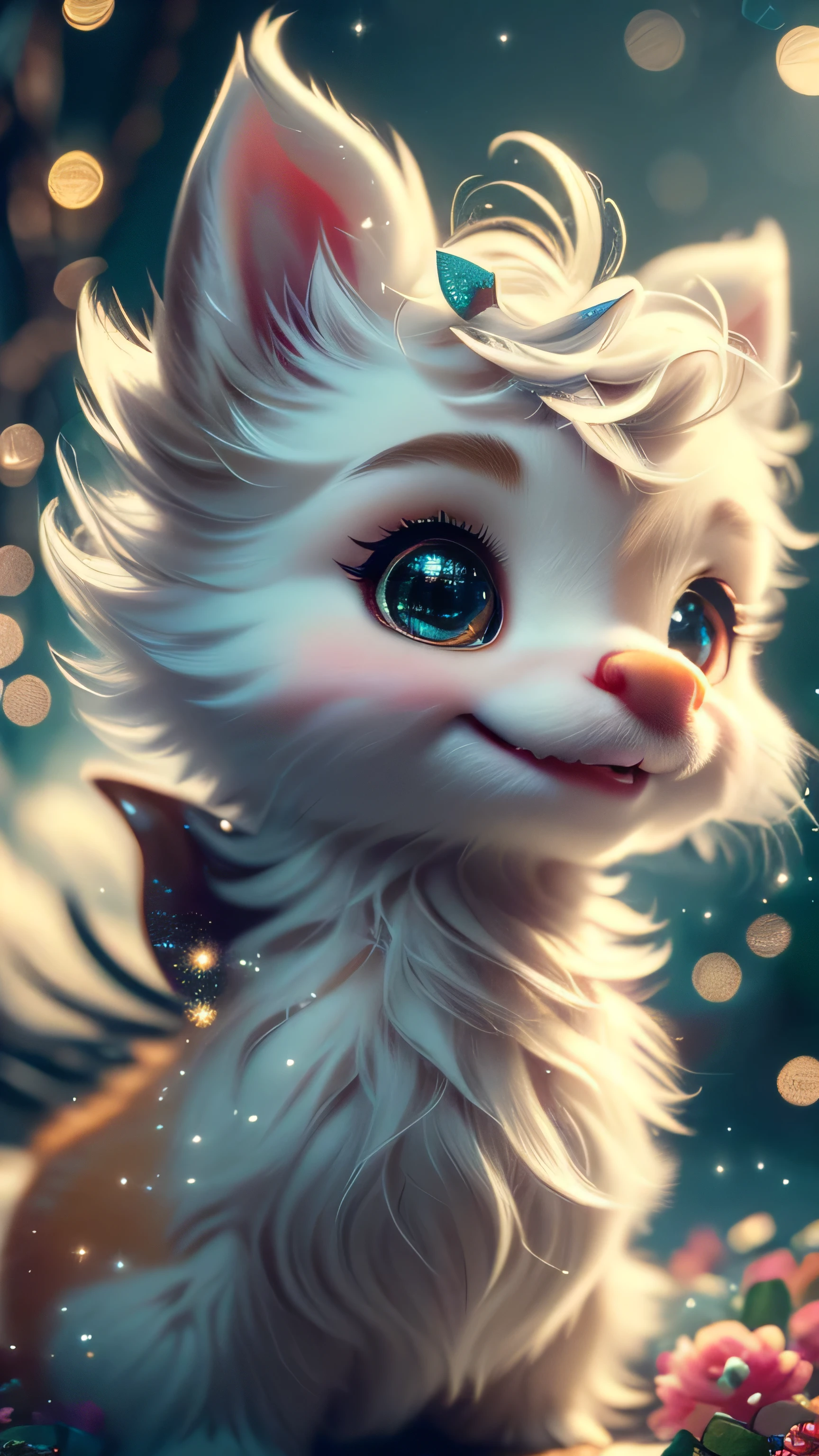 Magical Fantasy Creature, (Best Quality, Masterpiece, Representative Work, Official Art, Professional, Super Detailed, 8k:1.3), (Photorealism:1.2) Super Cute, Big Eyes, Soft, Soft Nose, Fluffy, Double-Toothed Smile, Aurorastyle, Highly detailed Dynamic shot of majestic adorable  reindeer, high quality, beautiful masterpiece, fantasy creature, kawaii, digital art, glowing sparkles, Realistic, Beautiful, Stars in Eyes, Soft Volumetric Light, (Backlight:1.3), (Cinematic:1.2), Intricate Details, (ArtStation:1.3), --auto --s2