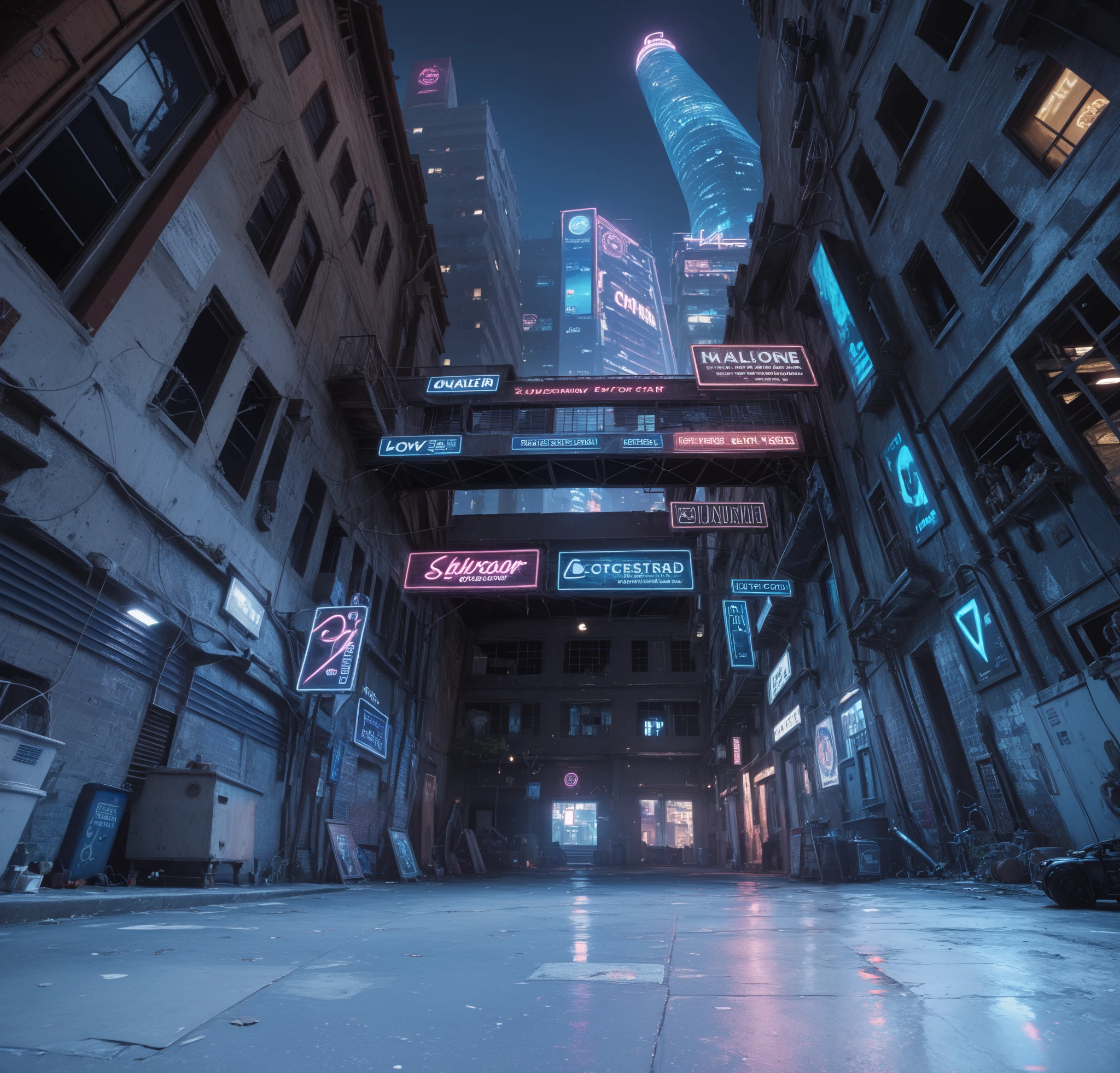 Looking up，The camera is close to the ground ， An alley with neon lights at night ，Low-lying ground ， Realistic floor texture ， An abandoned low building on both sides of the picture ， A shabby low building ， The outside of the building is covered with pipes ，electric wire， Close to the wall ， You can see a silhouette of a skyscraper in the distance， There are neon signs hanging between the two buildings ， The sign emits blue and purple lights ，UE5 Rendering，3D Rendering，3D Model，Cartoon Characters， five-head proportional figure， cartoon style 