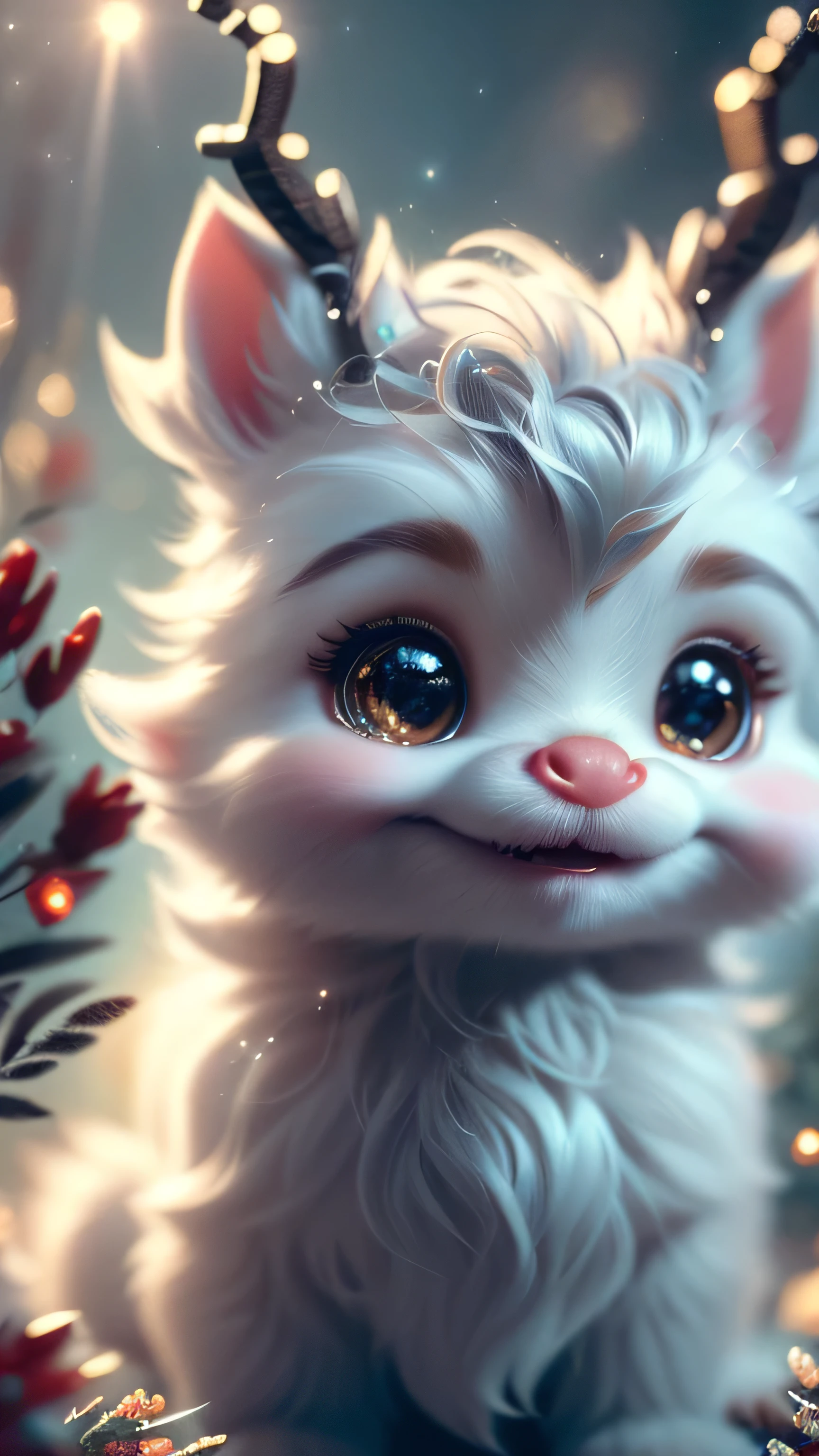 Magical Fantasy Creature, (Best Quality, Masterpiece, Representative Work, Official Art, Professional, Super Detailed, 8k:1.3), (Photorealism:1.2) Super Cute, Big Eyes, Soft, Soft Nose, Fluffy, Double-Toothed Smile, Aurorastyle, Highly detailed Dynamic shot of majestic adorable baby reindeer, high quality, beautiful masterpiece, fantasy creature, kawaii, digital art, glowing sparkles, Realistic, Beautiful, Stars in Eyes, Soft Volumetric Light, (Backlight:1.3), (Cinematic:1.2), Intricate Details, (ArtStation:1.3), --auto --s2