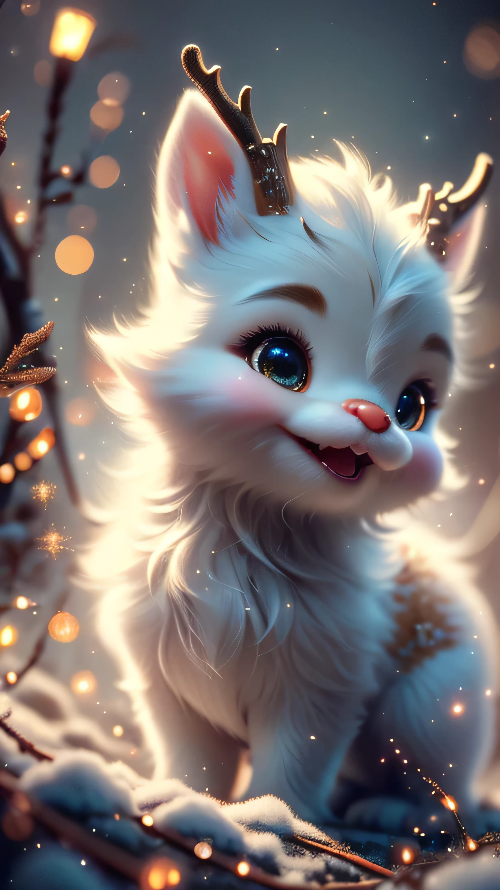 Magical Fantasy Creature, (Best Quality, Masterpiece, Representative Work, Official Art, Professional, Super Detailed, 8k:1.3), (Photorealism:1.2) Super Cute, Big Eyes, Soft, Soft Nose, Fluffy, Double-Toothed Smile, Aurorastyle, Highly detailed Dynamic shot of majestic adorable baby reindeer, high quality, beautiful masterpiece, fantasy creature, kawaii, digital art, glowing sparkles, Realistic, Beautiful, Stars in Eyes, Soft Volumetric Light, (Backlight:1.3), (Cinematic:1.2), Intricate Details, (ArtStation:1.3), --auto --s2