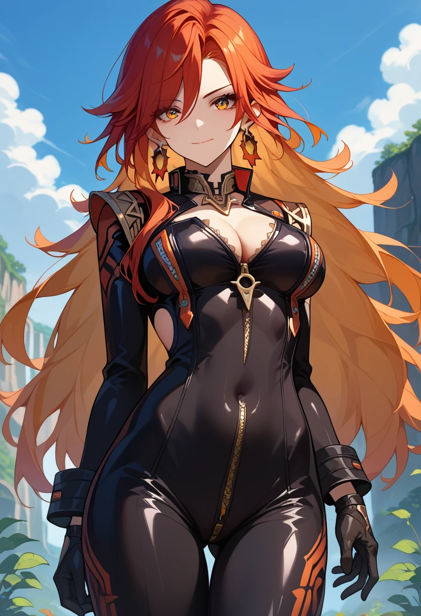 score_9,score_8_up,core_7_up,   kokushibou-gi, 1girl, breasts, solo, long hair, cleavage, large breasts, sky, looking at viewer, blue sky, bangs, smile, outdoors, cloud, bodysuit, day, gloves, covered navel, earrings, jewelry, black bodysuit, clothing cutout, closed mouth, black gloves,full-length zipper,