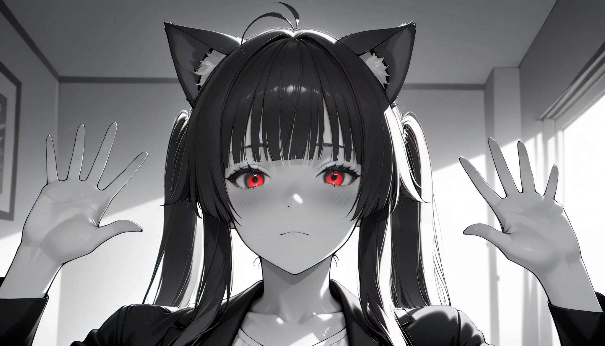 2.5D,  realistic ,  masterpiece ,  best quality ,  soft lighting ,
 : "Absolute cine"
   Expressive, 
 Absolute_cine, English , parody, monochrome, greyscale,  a girl,  Closed mouth ,  looking at the viewer ,  hands up
Junkotvvxl Black Long Hair, two Ponytail extensions with 2 small ahoge,  straight bangs , cat ears, red eyes,