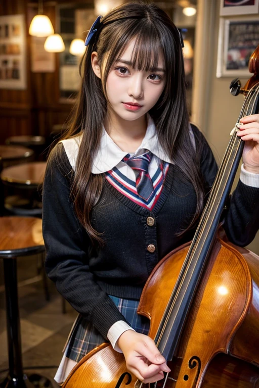 Masturbation with a vibrator, high school student in uniform, knit, playing the violin, junior high school student, , short cut, big breasts, showing panties, open legs,