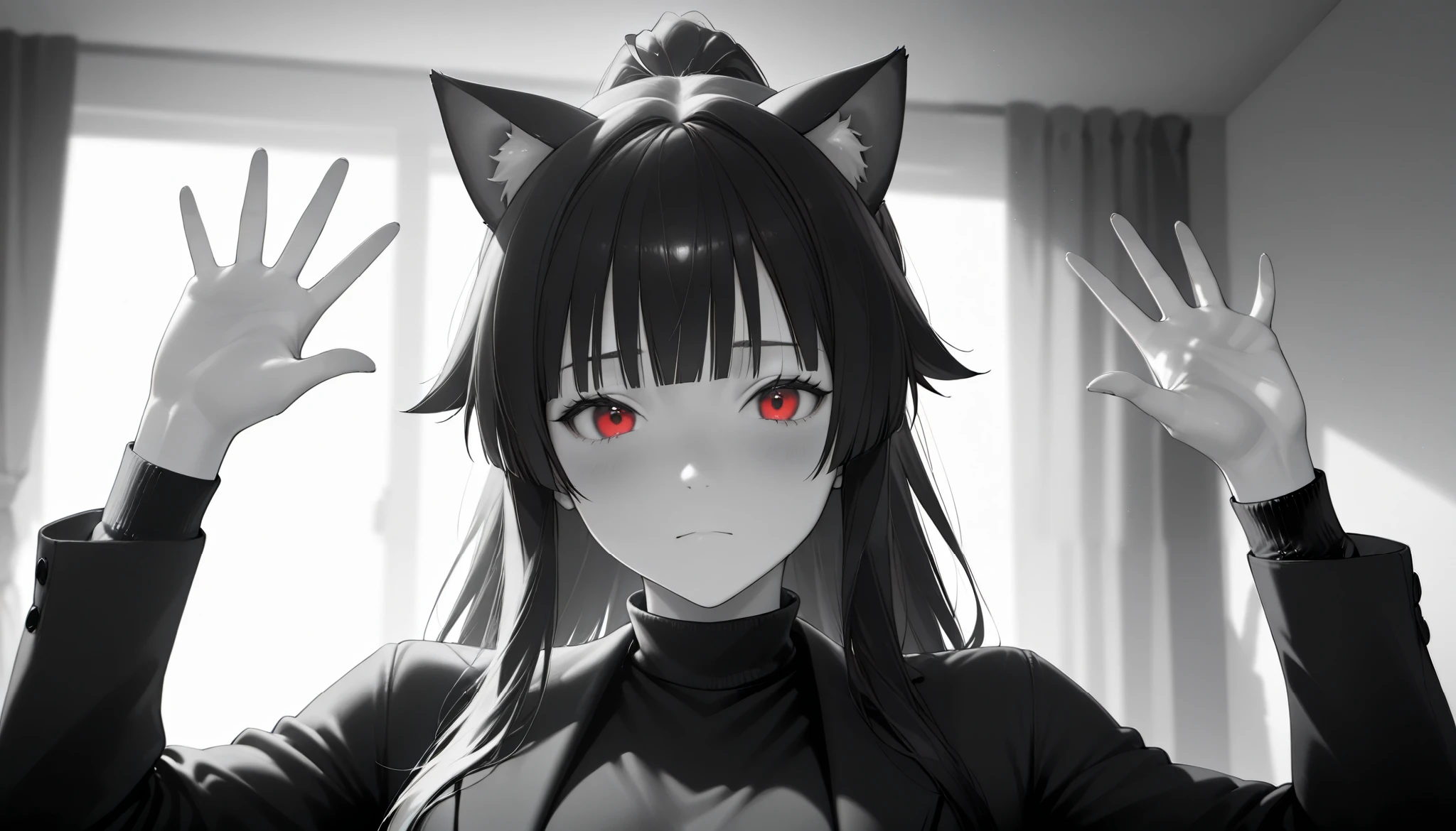 2.5D,  realistic ,  masterpiece ,  best quality ,  soft lighting ,
 : "Absolute cine"
   Expressive, 
 Absolute_cine, English , parody, monochrome, greyscale,  a girl,  Closed mouth ,  looking at the viewer ,  hands up
Junkotvvxl Black Long Hair, two Ponytail extensions with 2 small ahoge,  straight bangs , cat ears, red eyes,