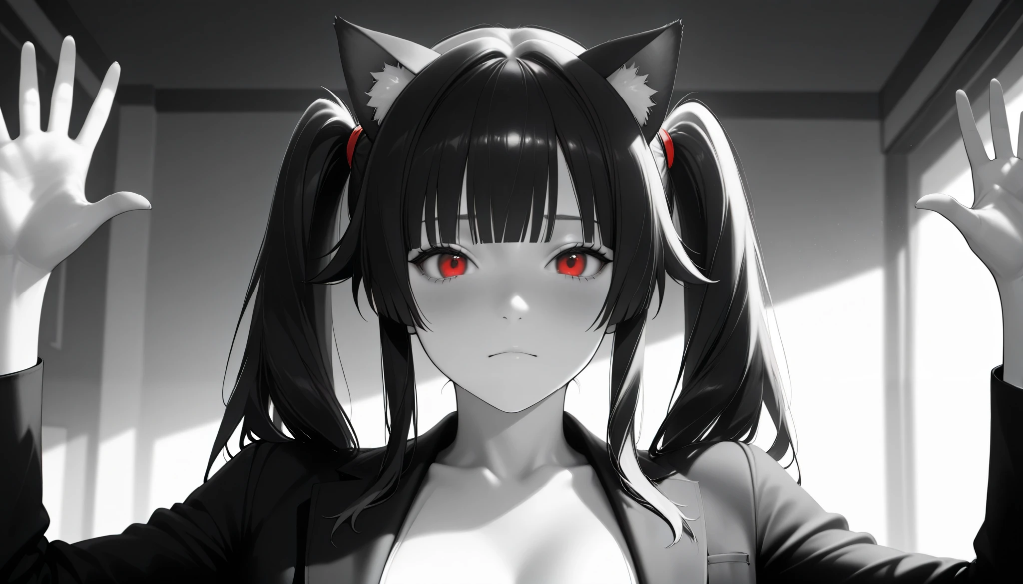 2.5D,  realistic ,  masterpiece ,  best quality ,  soft lighting ,
 : "Absolute cine"
   Expressive, 
 Absolute_cine, English , parody, monochrome, greyscale,  a girl,  Closed mouth ,  looking at the viewer ,  hands up
Junkotvvxl Black Long Hair,  straight bangs , cat ears, red eyes, 2 fluffy pigtails behind long, loose hair