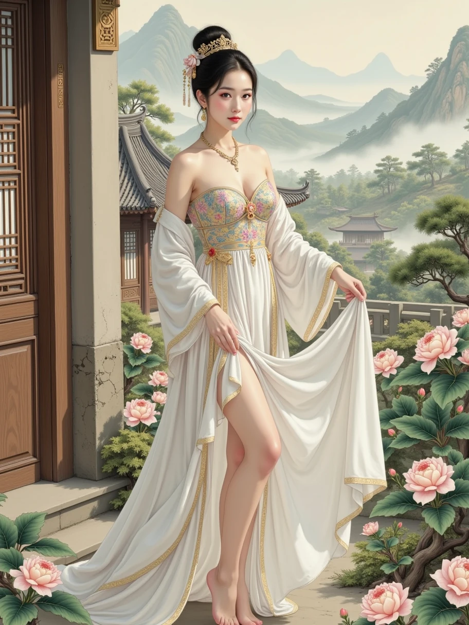  A beautiful woman with an elegant temperament ，Facing the audience， wearing exquisite and gorgeous costumes from the Ming and Qing Dynasties， standing in a classical garden 。 The pavilions are patchwork in the garden ，Greenery。 shows the panorama with a top view ， The light is soft natural light ，It creates a quaint and elegant atmosphere， The style is similar to traditional gongbi painting ，The mood is gentle and serene 。