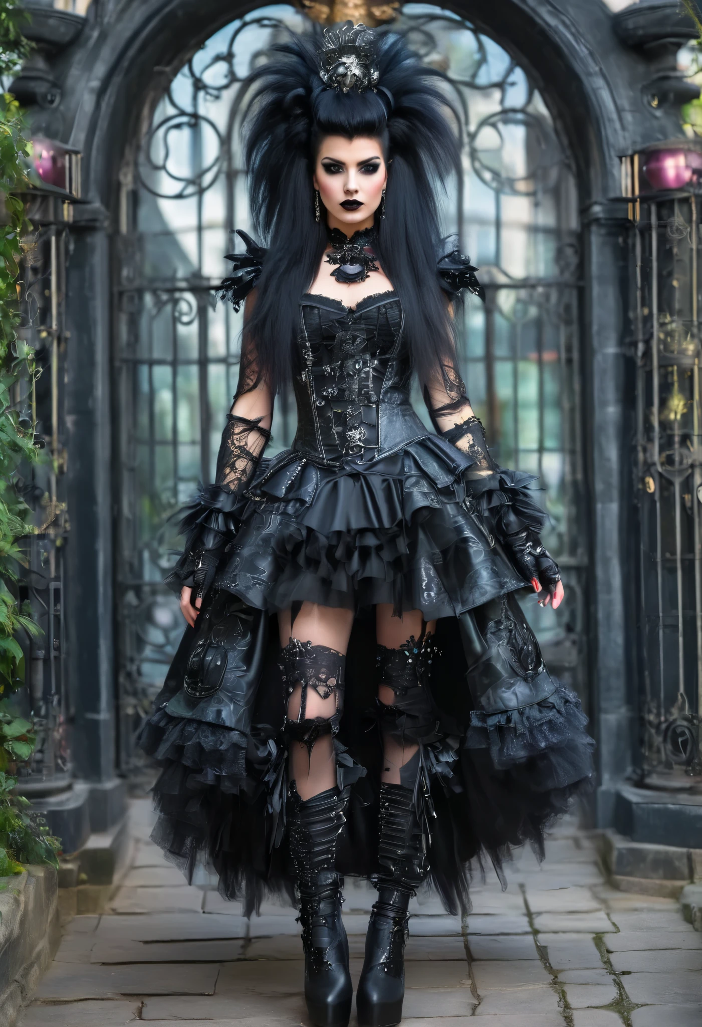 full body Woman in rococo punk costume wearing rococo punk outfit, black long hair, black eyes, black lipstick lips,g rococo punk fantasy style, (rock punk), rock punk beautiful goddess, rock punk girl, rock punk inventor girl, metal rock punk, Set in a rock punk world, dark rock punk concept