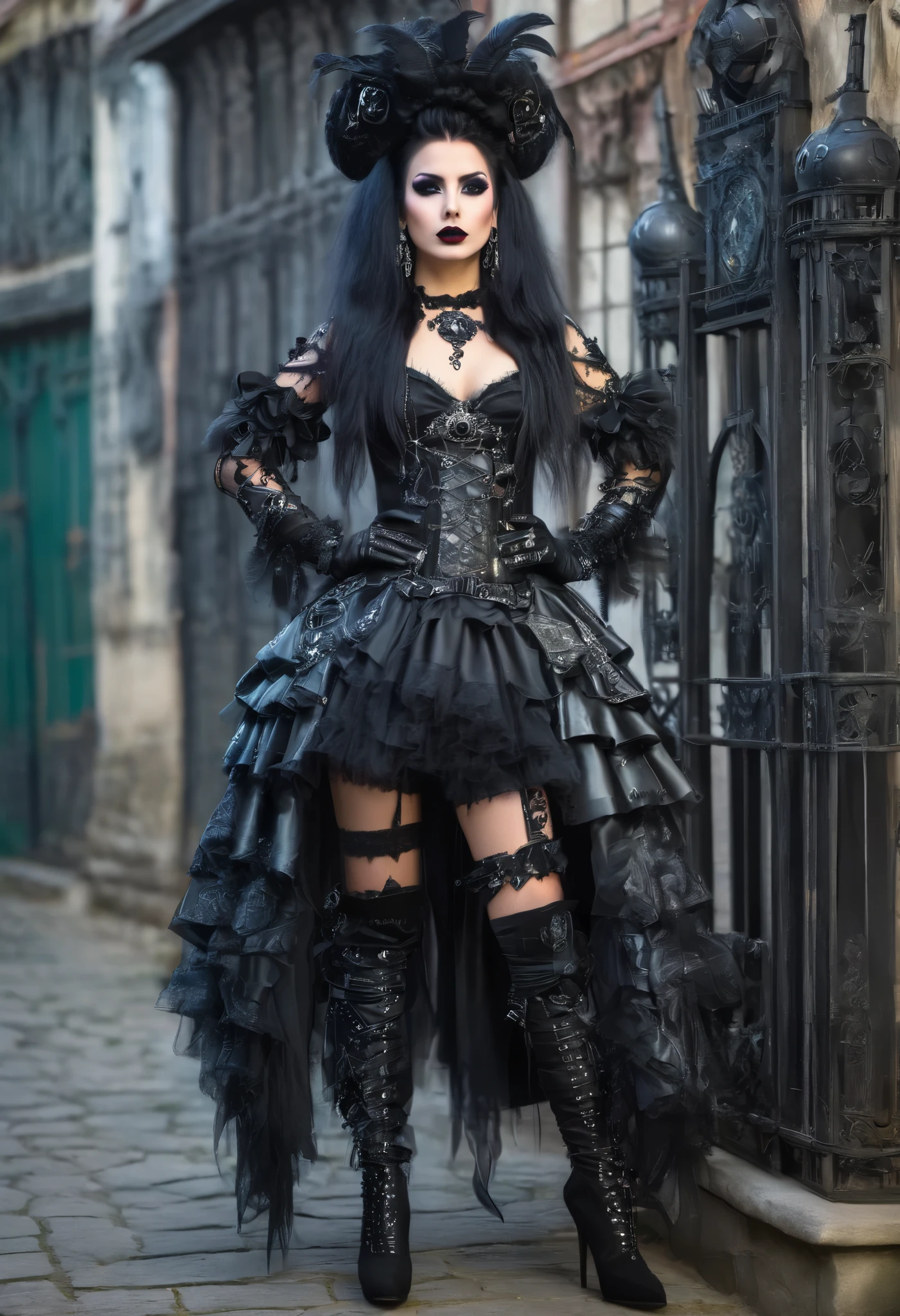 full body Woman in rococo punk costume wearing rococo punk outfit, black long hair, black eyes, black lipstick lips,g rococo punk fantasy style, (rock punk), rock punk beautiful goddess, rock punk girl, rock punk inventor girl, metal rock punk, Set in a rock punk world, dark rock punk concept