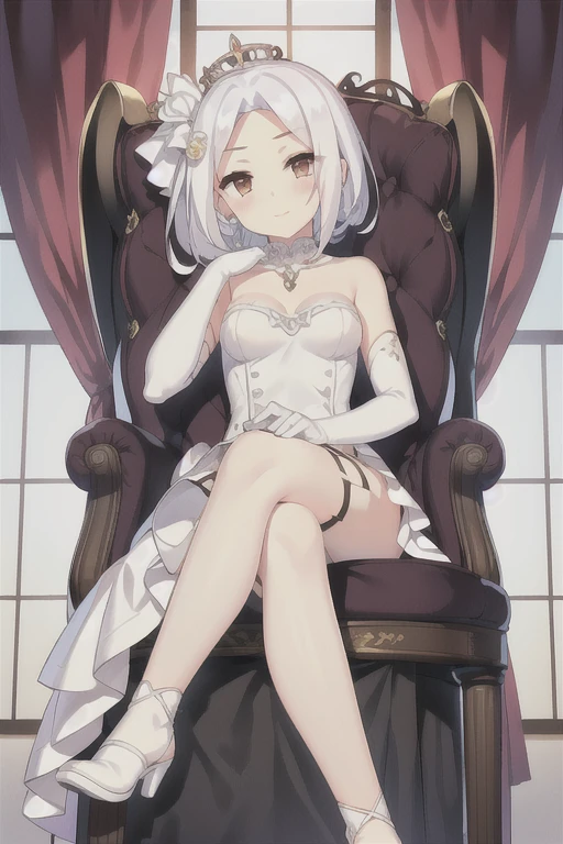 Vittorio_Veneto \(warship girls r\),(((Best quality))),((Ultra-detailed)),((illustration)),((frilld)),(1 girl),(Solo), 1girl,sitting on a throne,crossed legs,evil smile,evil grin,frilled dress,bow,white pantyhose,toes,indoors,looking at viewer,view from below,feet focus,[refraction|caustics|rim lights|backlighting|bloom],full shot,rating:safe,long hair,wedding,bare_shoulders,breasts,bridal_gauntlets,bridal_veil,cleavage,clothing,crown,dress,drop_earrings,earrings,elbow_gloves,female,female_only,gloves,headdress,headwear,jewelry,layered_dress,looking_at_viewer,necklace,skirt_hold,smile,sitting,strapless,strapless_dress,tiara,veil,white_dress,white_footwear,white_gloves,wedding_dress,long_dress,clapping,short_hair,