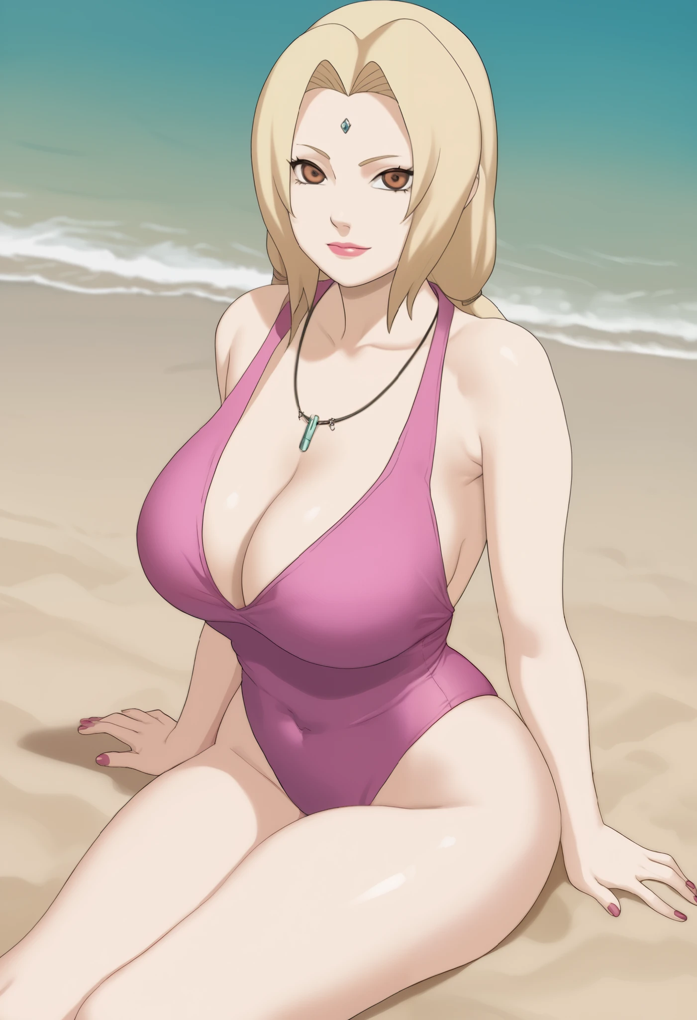 Tsunade Senju. Grandmother. long, blond hair tied in two ponytails. brown eyes.  pink lipstick. huge saggy breasts. necklace. one-piece swimsuit. beach. sitting