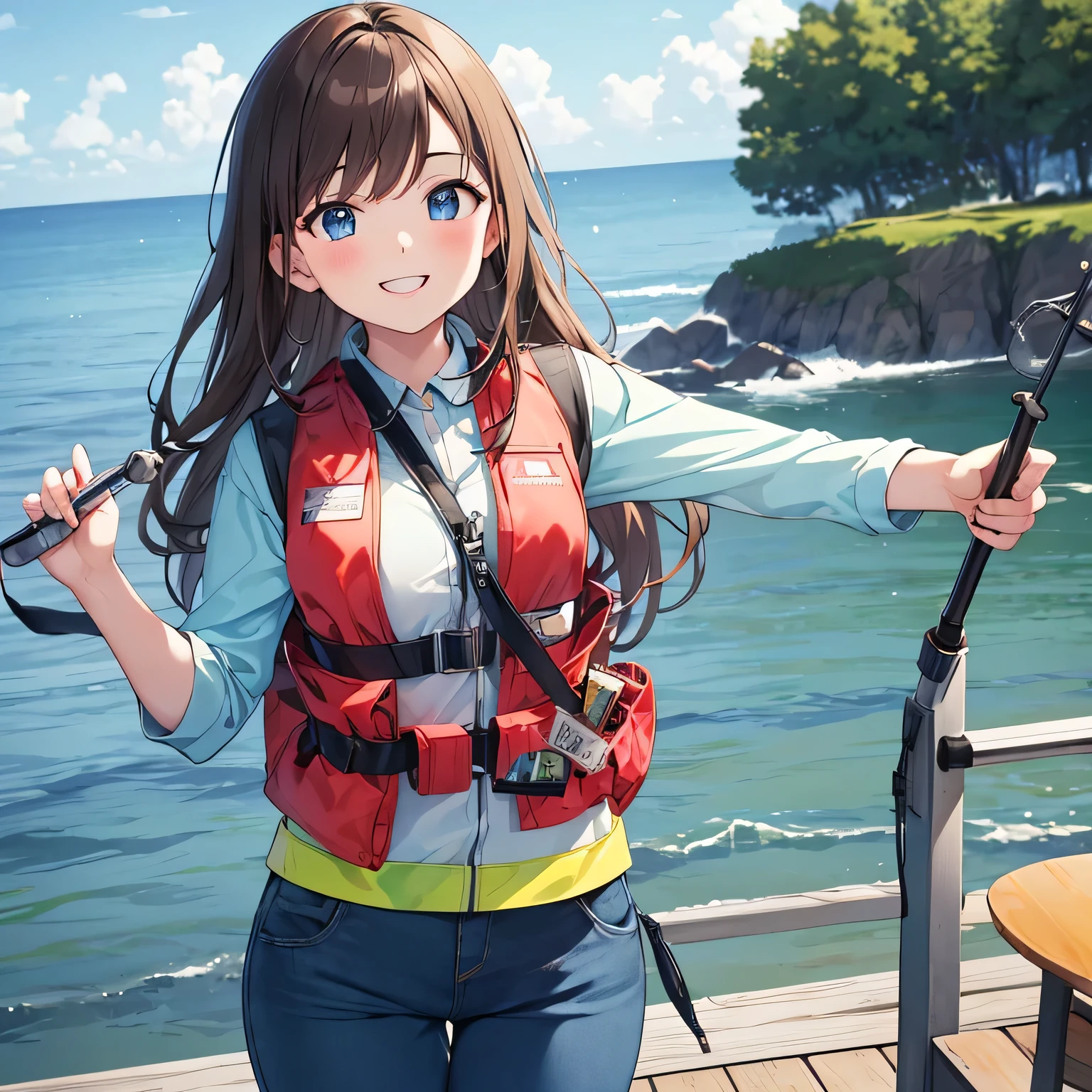 Masterpiece, top quality, sea and bank, fishing boat, medium view, sea fishing, fishing, woman with pretty eyes, 20 years old, brown hair, fishing hat, smiling face, fishing rod with spinning reel, fish caught at end of reel, fishing gear, (yellow life jacket), life jacket with many pockets, long sleeved work clothes, long pants, (blue cord around neck employee ID card in a horizontal clear case).