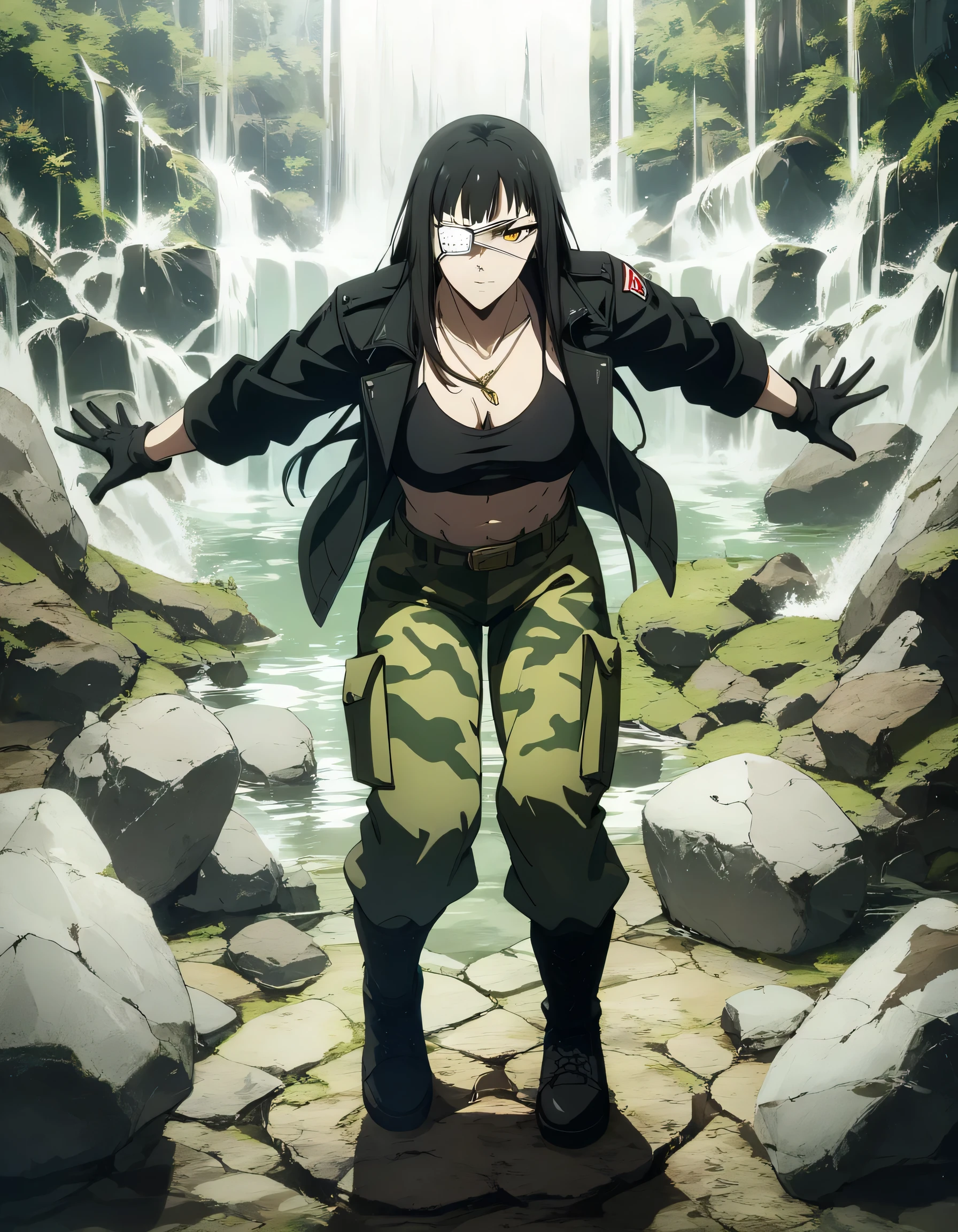 score_9, score_8_up, score_7_up,score_6_up,high resolution,source_anime,s0fiavalm3t,1girl,eyepatch,black hair,long hair,,water,rocks,volumetric lighting,rim lighting,dof,dramatic shadow,full body,dynamic pose,looking at viewer,pov,suspended in air, black sport bra,tall leather black jacket,military Camouflage camo trousers,black boots,military necklace,gloves