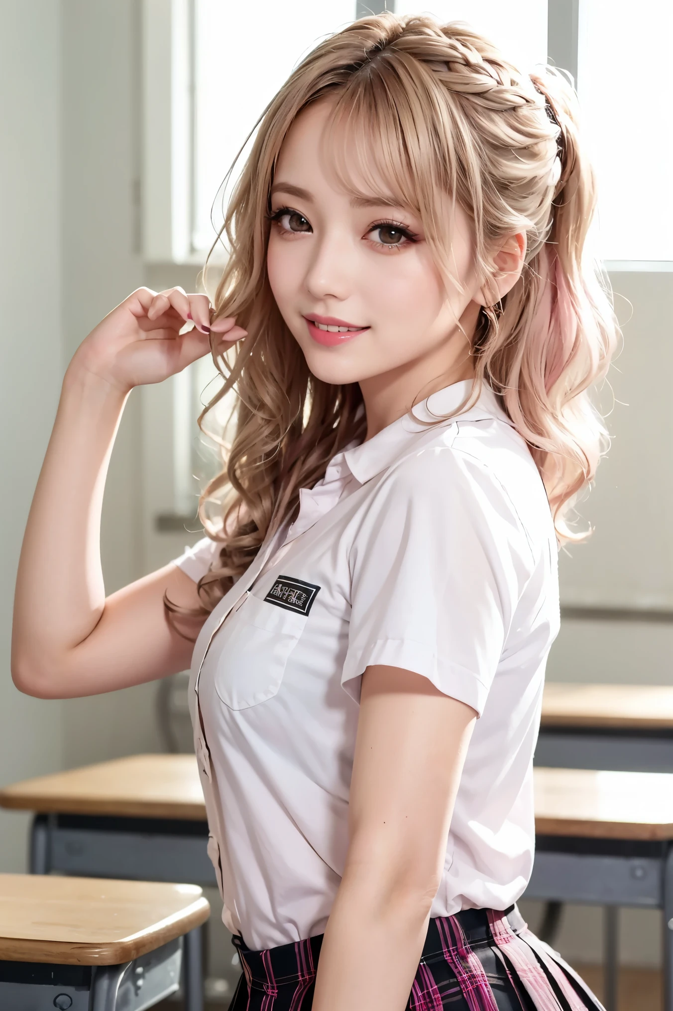 realistic , masterpiece , top quality, highest resolution, Japanese high school girl on one side , , upper body photo, She narrowed her eyes、 looks at me while smiling shyly , smiling with open mouth , Beautifully detailed eye painting , (Droopy eyes:1.3), dark eyes, thin eyebrows, Draw eyelashes carefully, Small teeth visible, gal makeup, ( pink gold wavy hair , medium hair up to buttocks, Middle Part :1.3), ( hidden eyelid crease slightly to the side:1.3), Wearing a clean white button-up shirt., short pleated skirt with grey plaid, Angle taken from below, school classroom