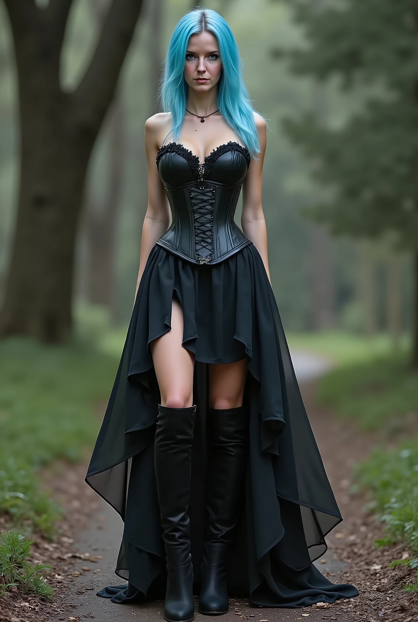 (((Full body photo from head to toe ))),((( Perfect Face )))  she is a modern gothic woman with light blue hair .  She is standing there wearing over the knee boots and her skirt is open at the sides and shows off her hot trained legs.  The top is an underbust corset . She stands with her legs apart