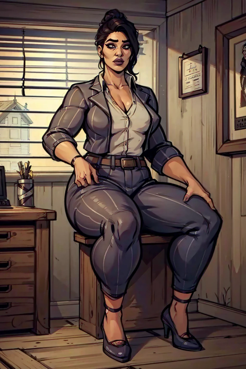 Digital art, angled view, sensual sitting pose, legs spread apart, mature woman, adult female, curvy plump figure, whole body, form-fitting, Jane Romero (Dead by Daylight game) inspired costume, pinstriped blazer, blouse, belt, pinstriped baggy pants that ends above the ankle, belt, flat office heels, 1woman, solo, upper body, lower body, ((Extremely Detailed)), ((Best Quality)), ((Masterpiece)), ((4k)).
