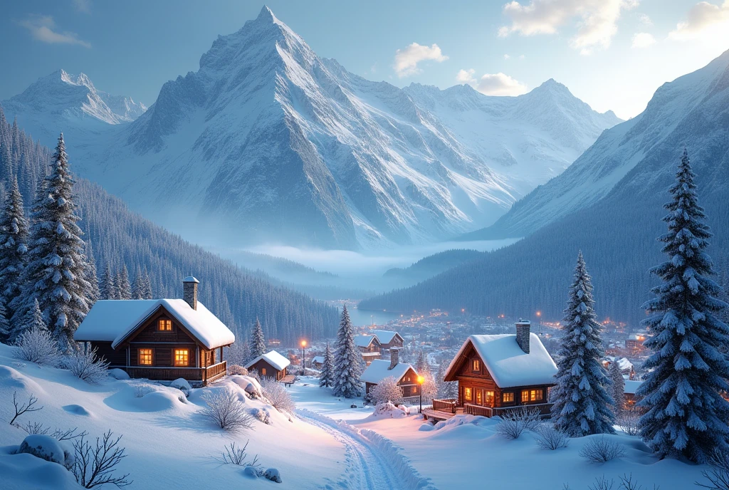 ((masterpiece, highest quality, Highest image quality, High resolution, photorealistic, Raw photo, Extremely detailed CG unified 8k wallpaper)), Snowy landscape, small village surrounded by mountains, (night: 1.3), snow falling, lights on each house, warmth in the cold landscape, (Santa Claus Village:1.2), all residents of this village are Santa Claus,