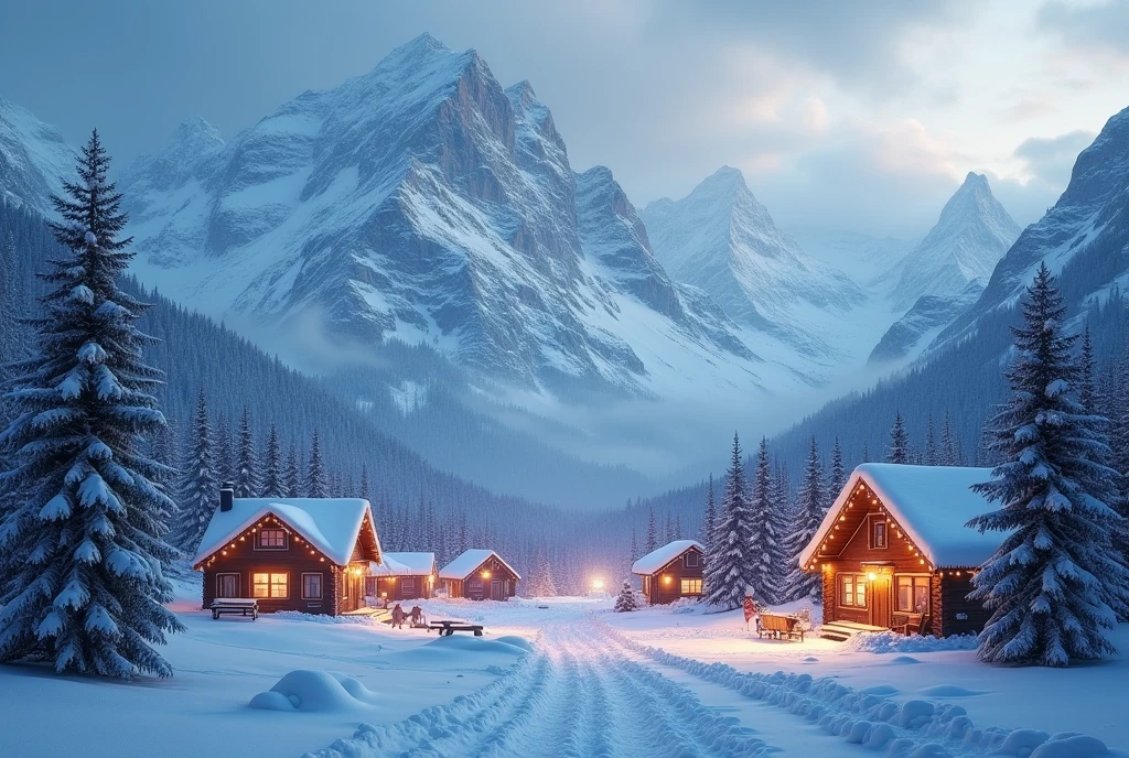 ((masterpiece, highest quality, Highest image quality, High resolution, photorealistic, Raw photo, Extremely detailed CG unified 8k wallpaper)), Snowy landscape, small village surrounded by mountains, (night: 1.3), snow falling, lights on each house, warmth in the cold landscape, (Santa Claus Village:1.2), all residents of this village are Santa Claus,