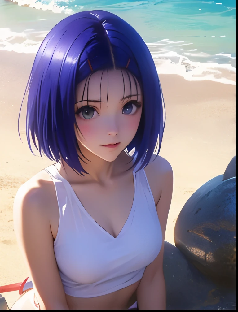 (((SFW、Precision、Highest quality、A first-class masterpiece、Normal body、8k、 Detailed Face 、Ultra-precision、 Normal hand、5refer to、Highest)))、 Sairenji Haruna、Blue hair bob cut、 short haired 、 high school girl、「 To Love Ru」、Blushing shyly at the beach and wearing a slingshot、whole body