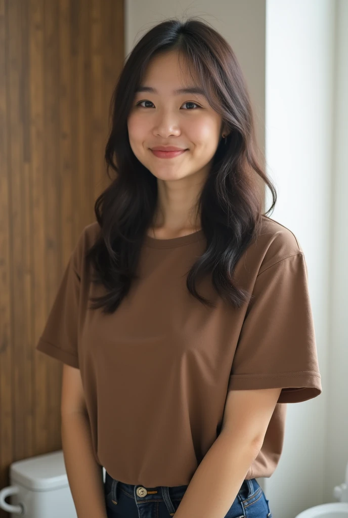 A Japanese woman who is peed on by a man takes it while wearing a cute brown t-shirt