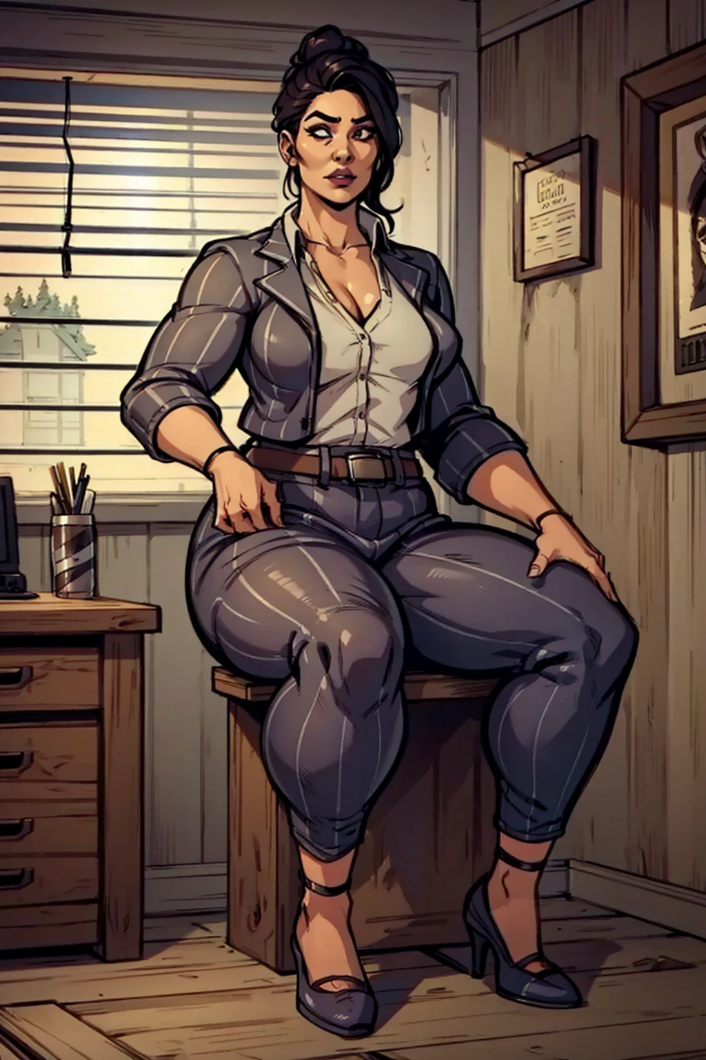 Digital art, angled view, sensual sitting pose, legs spread apart, mature woman, adult female, curvy plump figure, whole body, form-fitting, Jane Romero (Dead by Daylight game) inspired costume, pinstriped blazer, blouse, belt, pinstriped baggy pants that ends above the ankle, belt, flat office heels, 1woman, solo, upper body, lower body, ((Extremely Detailed)), ((Best Quality)), ((Masterpiece)), ((4k)).
