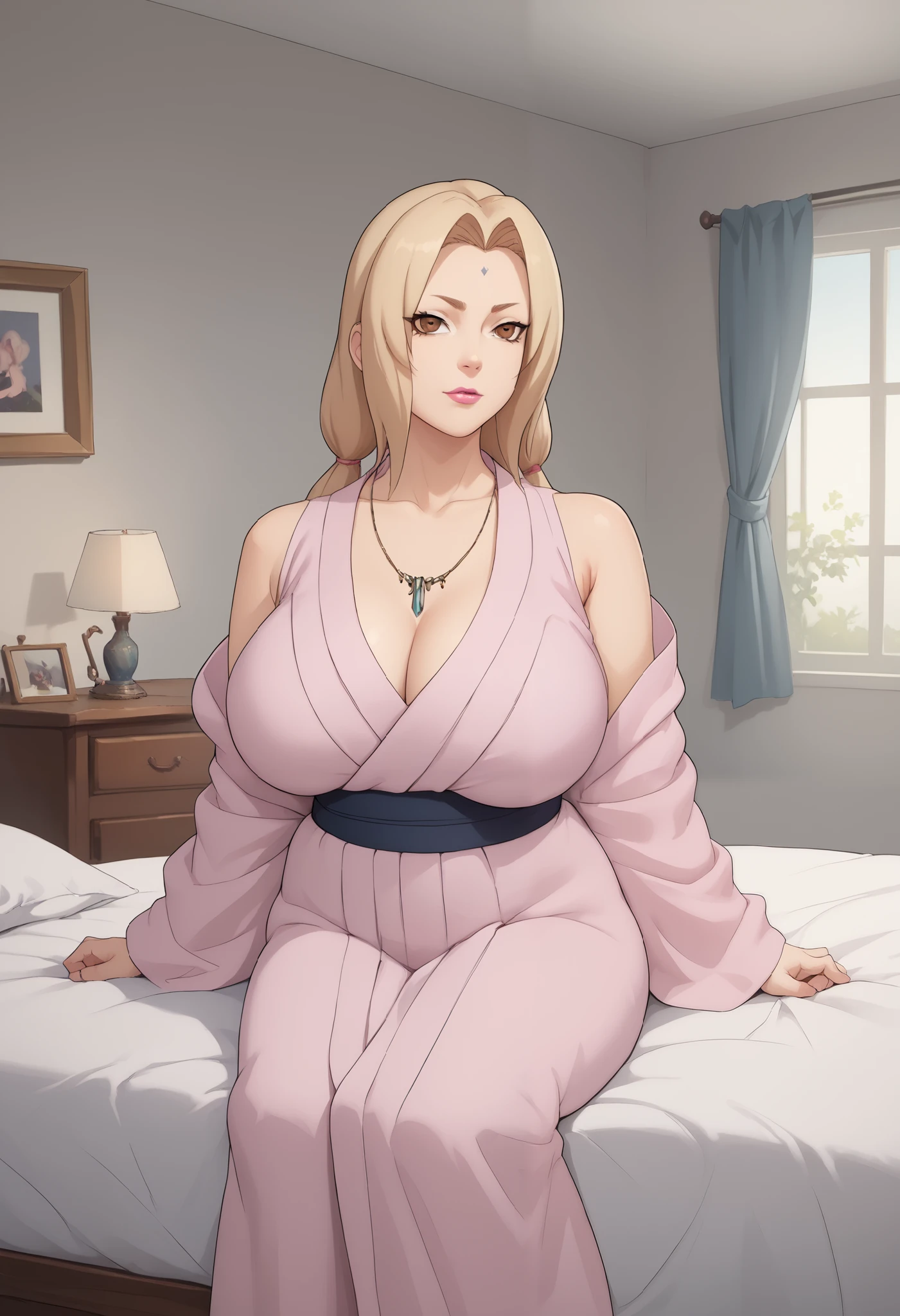 Tsunade Senju. Grandmother. long, blond hair tied in two ponytails. brown eyes.  pink lipstick. huge saggy breasts. bbw. necklace. a silk robe. the bedroom. bed. sitting