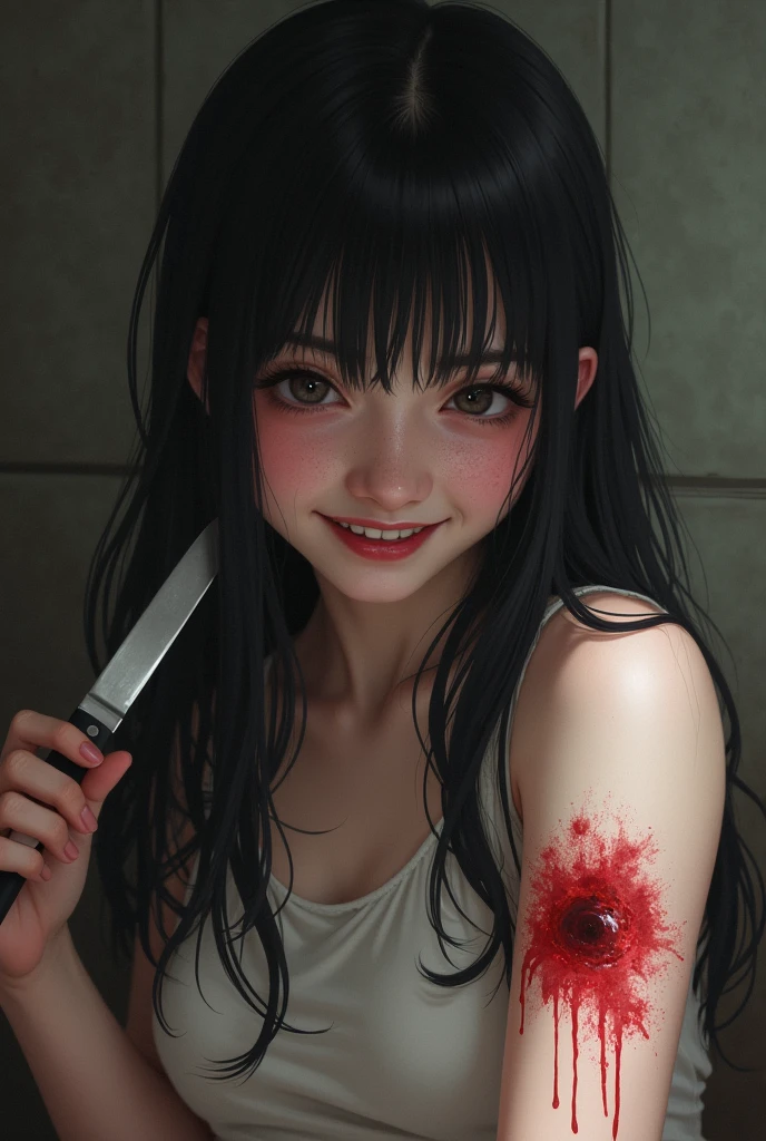 artstation original character, (masterpiece, Extremely detailed CG unity 8k wallpaper, best quality, highres:1.2), (ultra_detailed, UHD:1.2), perfect illumination, distinct, (1girl:1.4), (bishoujo:1.2), looking at viewer, cant be this cute, vivid color, (long hair, messy hair), unreal engine, (upper body, from front:1.2), sidelighting, perfect face, detailed face, bangs, lipstick, perfect body, beautiful eyes, pretty face, medium-large breast, (bright skin:1.4), young girl, (hair ornament), (background(blood):1.3), hood,sweatshirt,long denim pants,Red eyes