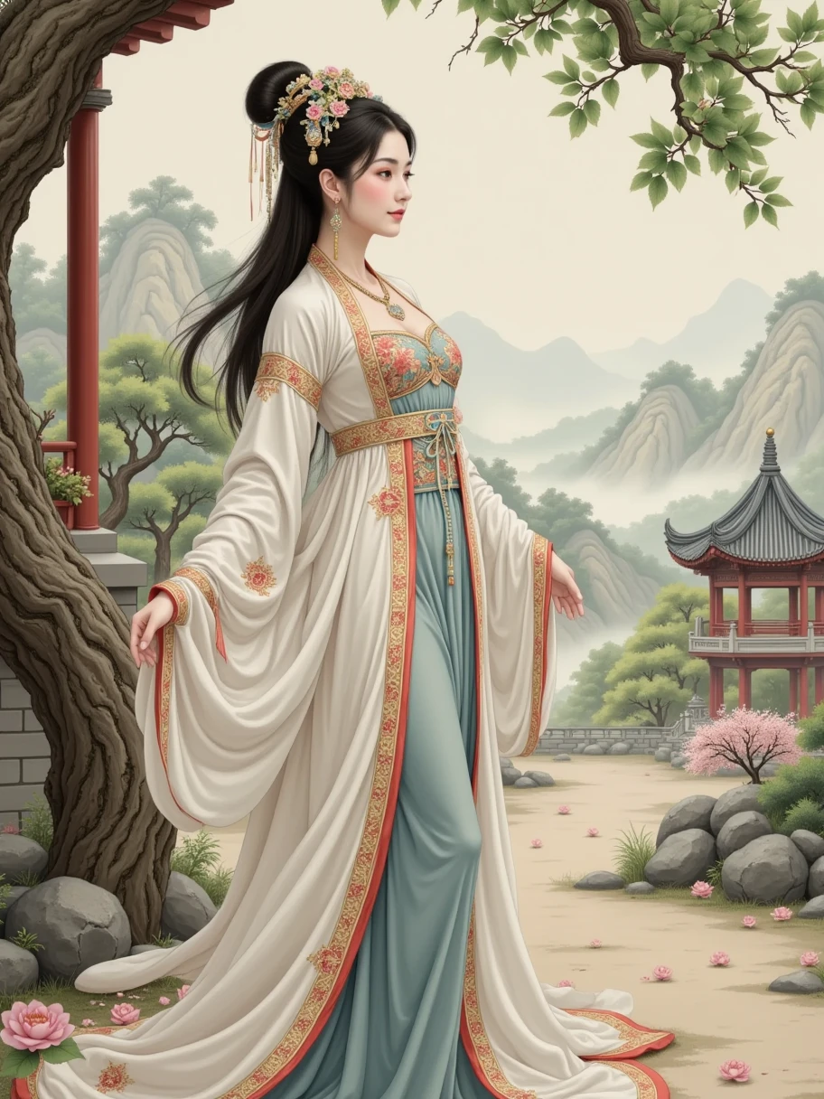  A beautiful woman with an elegant temperament ，Facing the audience， wearing exquisite and gorgeous costumes from the Ming and Qing Dynasties， standing in a classical garden 。 The pavilions are patchwork in the garden ，Greenery。 shows the panorama with a top view ， The light is soft natural light ，It creates a quaint and elegant atmosphere， The style is similar to traditional gongbi painting ，The mood is gentle and serene 。