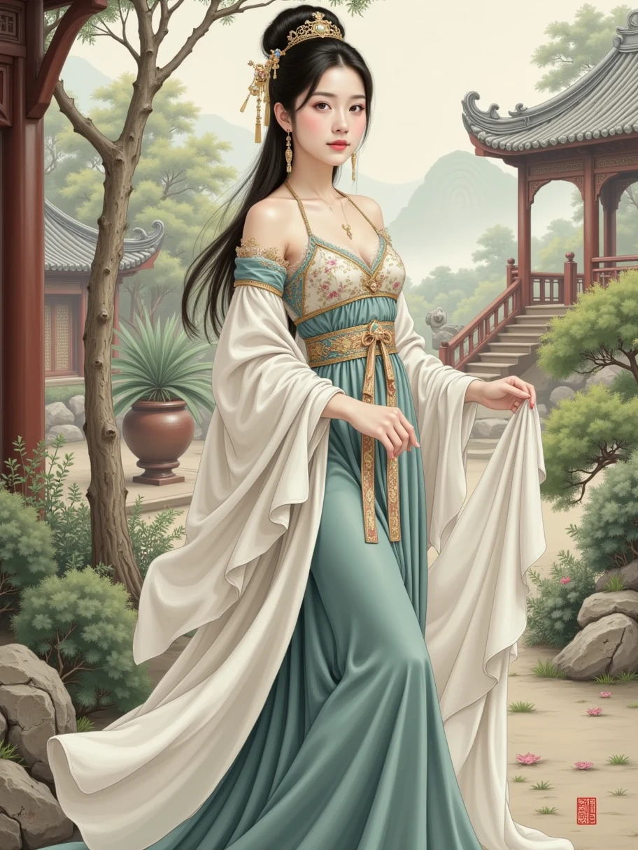 High quality, masterpiece, masterpiece, exquisite facial features, exquisite hair, exquisite eyes, exquisite color hair, 4K picture quality, gorgeous light and shadow, Tyndall effect, halo, messy hair, young state, gorgeous scene, exquisite clothes, chains, feathers, ancient chinese beauty with big eyes very detailed, digital painting, artstation, concept art, sharp focus, illustration, art by greg rutkowski and alphonse mucha and victo ngai