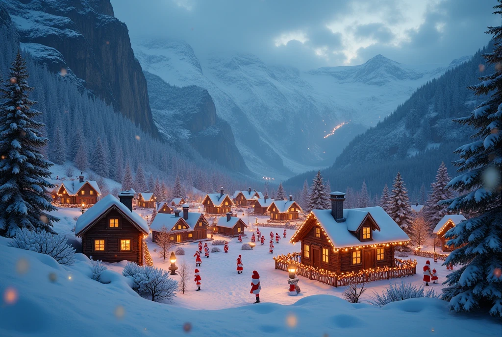 ((masterpiece, highest quality, Highest image quality, High resolution, photorealistic, Raw photo, Extremely detailed CG unified 8k wallpaper)), Snowy landscape, small village surrounded by mountains, (night: 1.3), snow falling, lights on each house, warmth in the cold landscape, (Santa Claus Village:1.2), all residents of this village are Santa Claus,